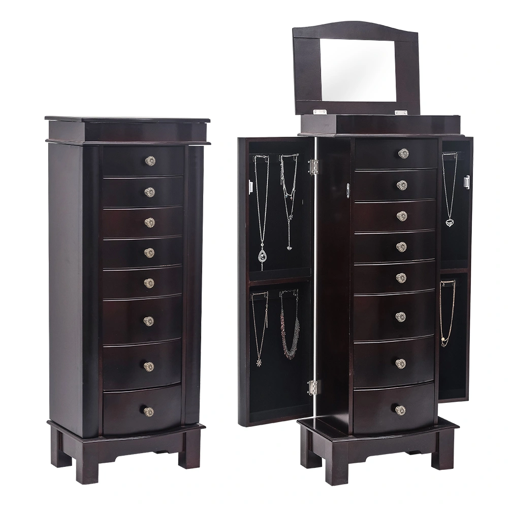 Jewelry Armoire with Mirror, 8 Drawers & 16 Necklace Hooks, 2 Side Swing Doors (Brown) view 8