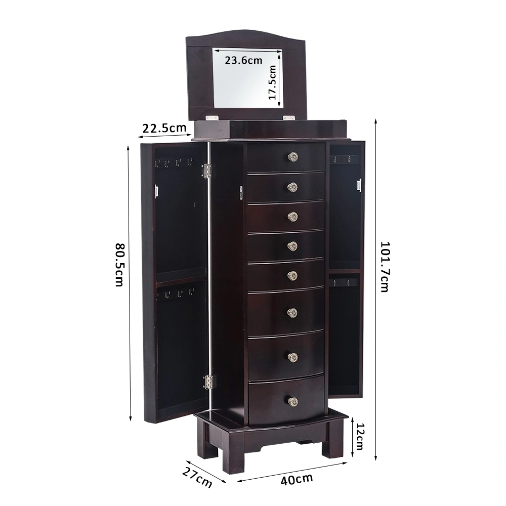 Jewelry Armoire with Mirror, 8 Drawers & 16 Necklace Hooks, 2 Side Swing Doors (Brown) view 9