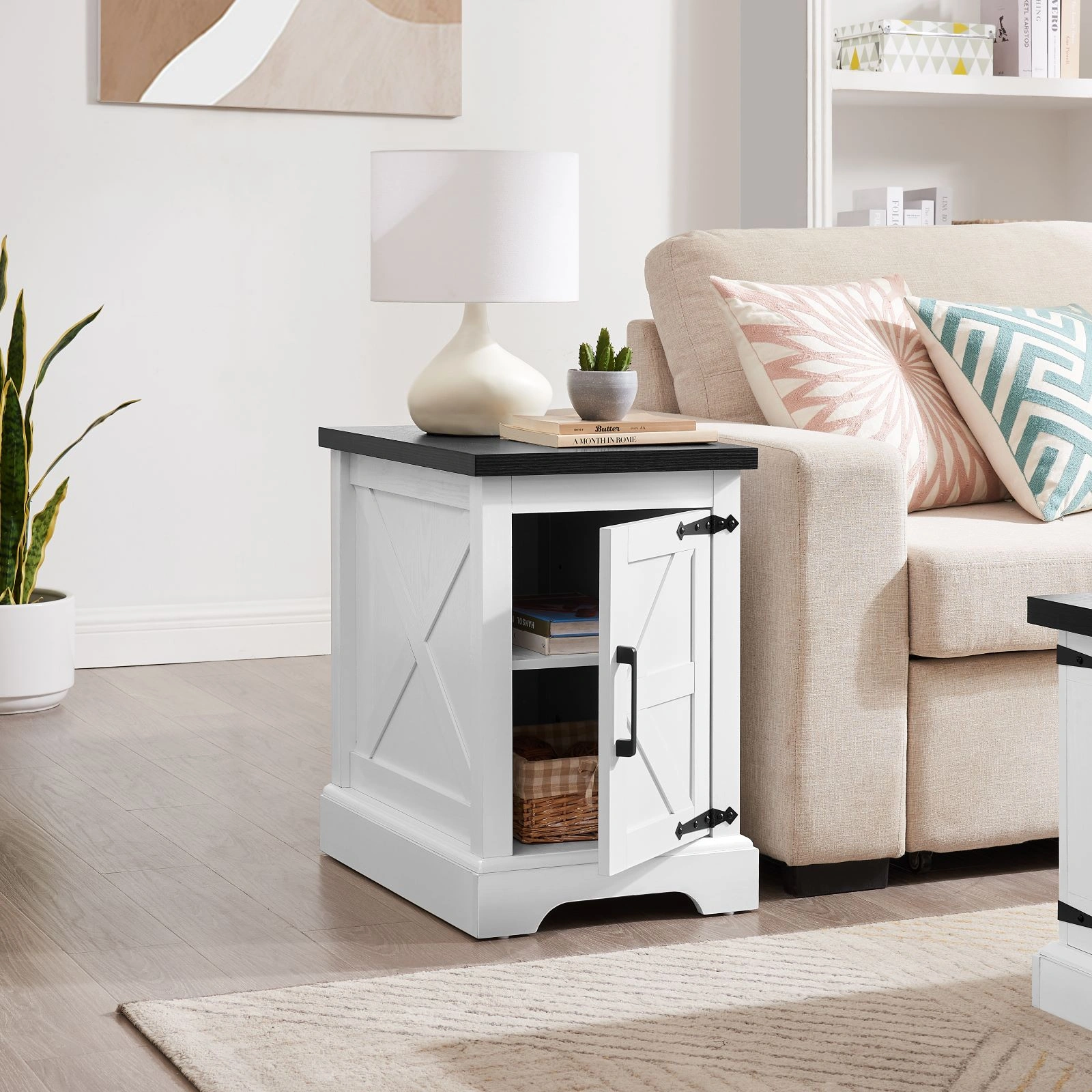 Farmhouse end table Nightstand Rectangular Farmhouse End Table with Barn Door and Adjustable Storage Shelf, Rustic Sofa Side Table for Living Room, Bedroom, White view 2