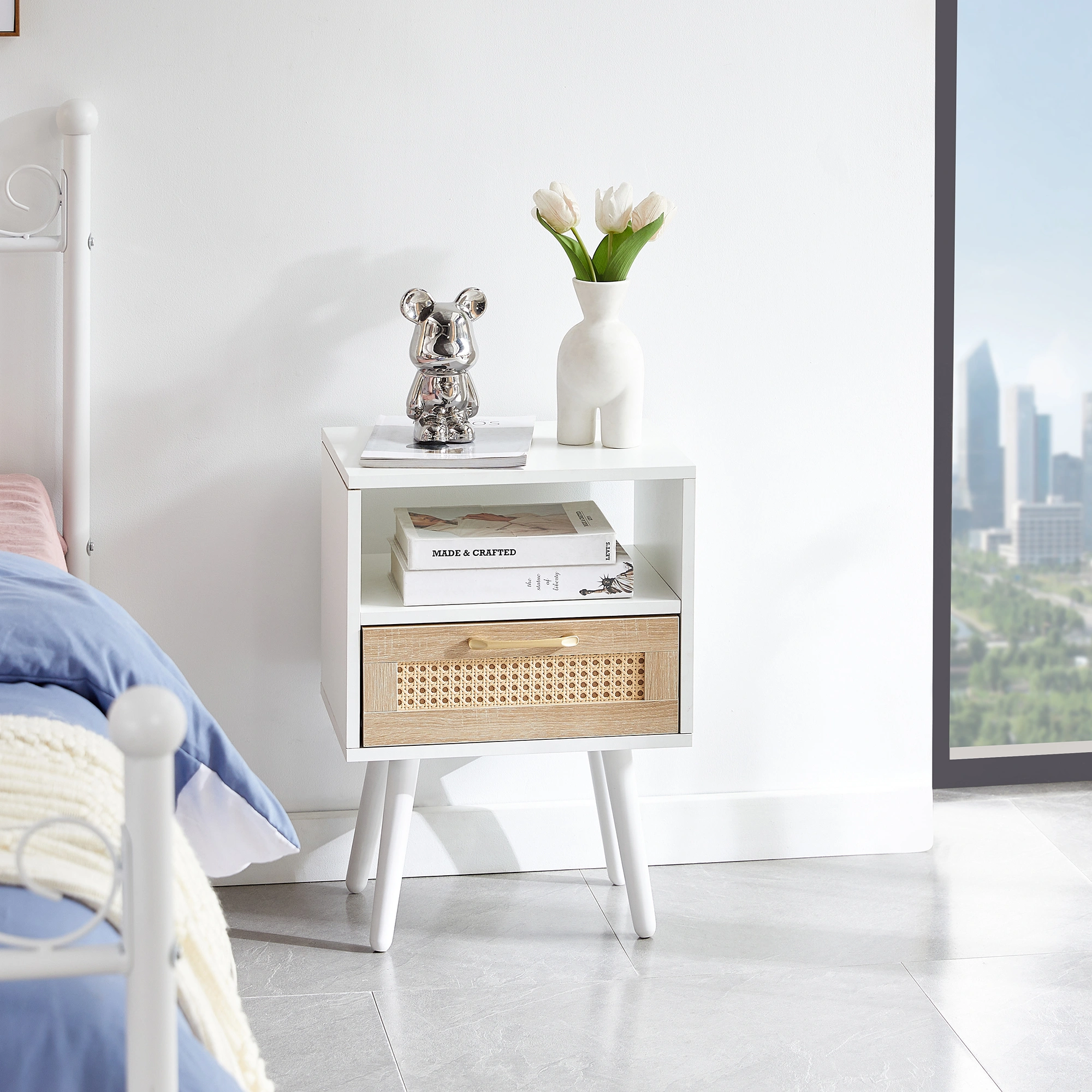 White Rattan End Table 15.75" with Drawer & Solid Wood Legs, Modern Nightstand Side Table for Living Room Bedroom
