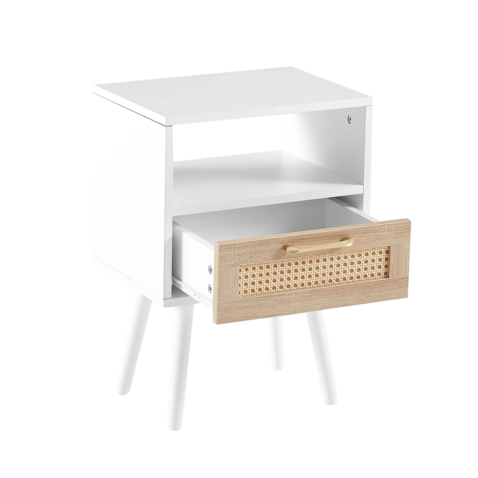 White Rattan End Table 15.75" with Drawer & Solid Wood Legs, Modern Nightstand Side Table for Living Room Bedroom view 12