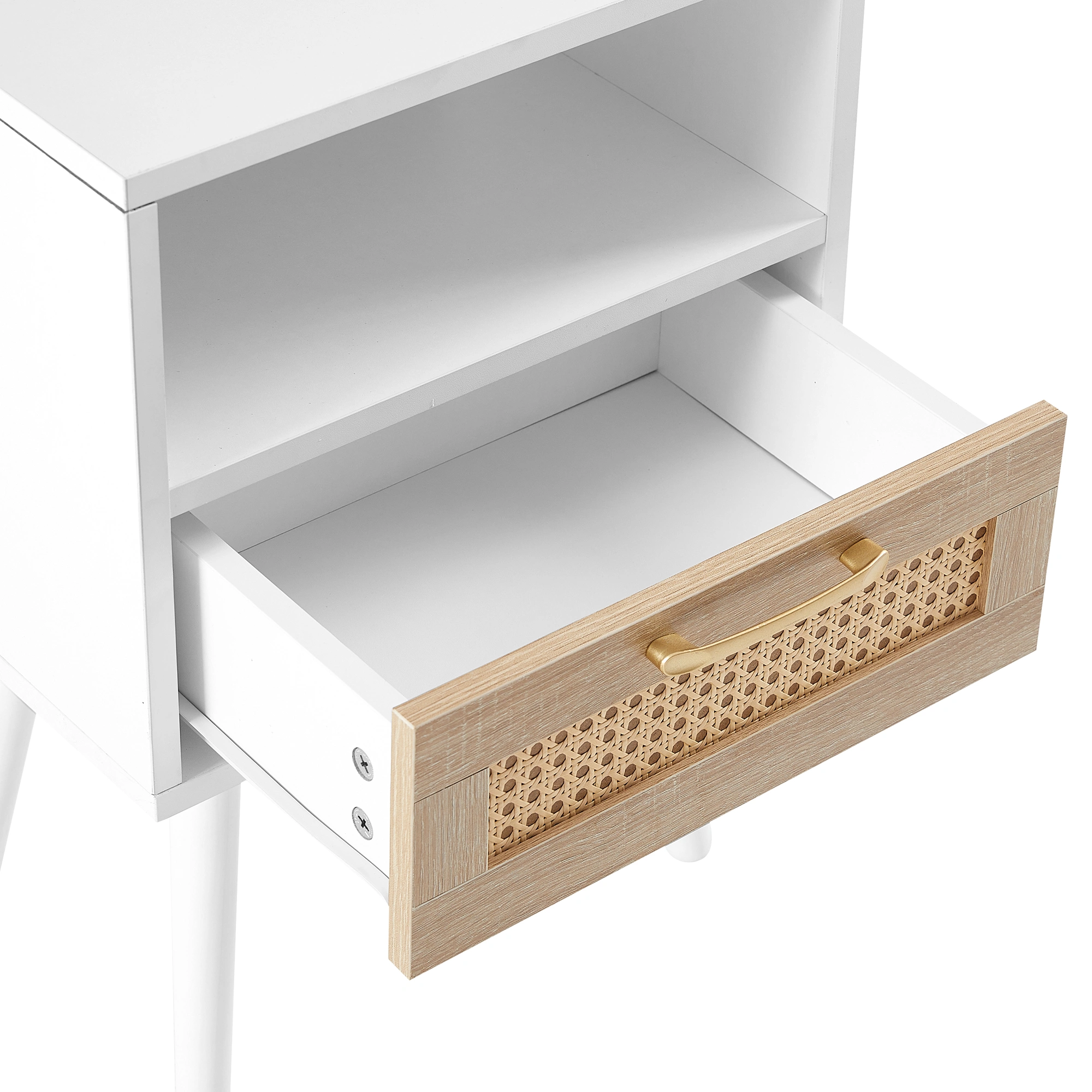 White Rattan End Table 15.75" with Drawer & Solid Wood Legs, Modern Nightstand Side Table for Living Room Bedroom view 13