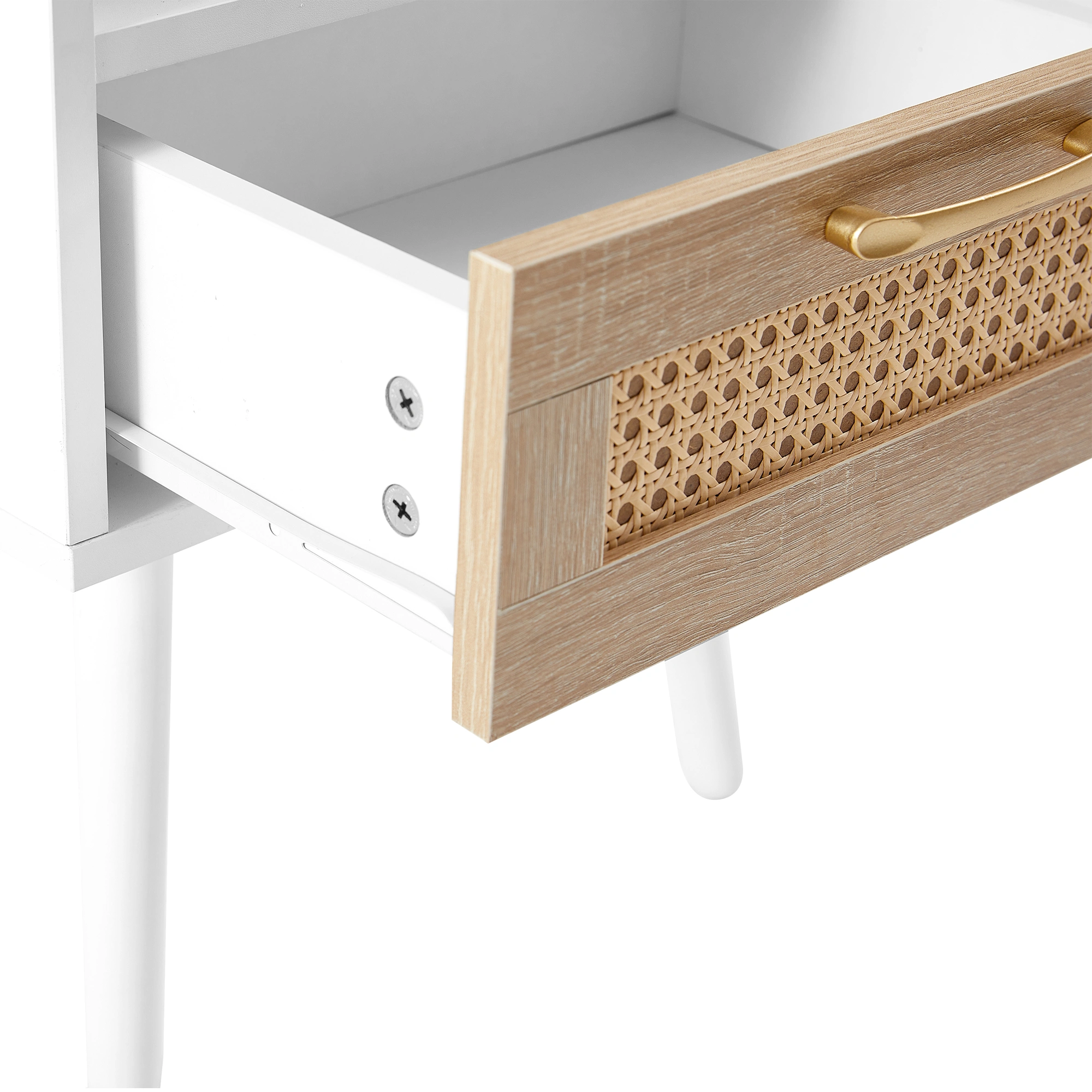 White Rattan End Table 15.75" with Drawer & Solid Wood Legs, Modern Nightstand Side Table for Living Room Bedroom view 14