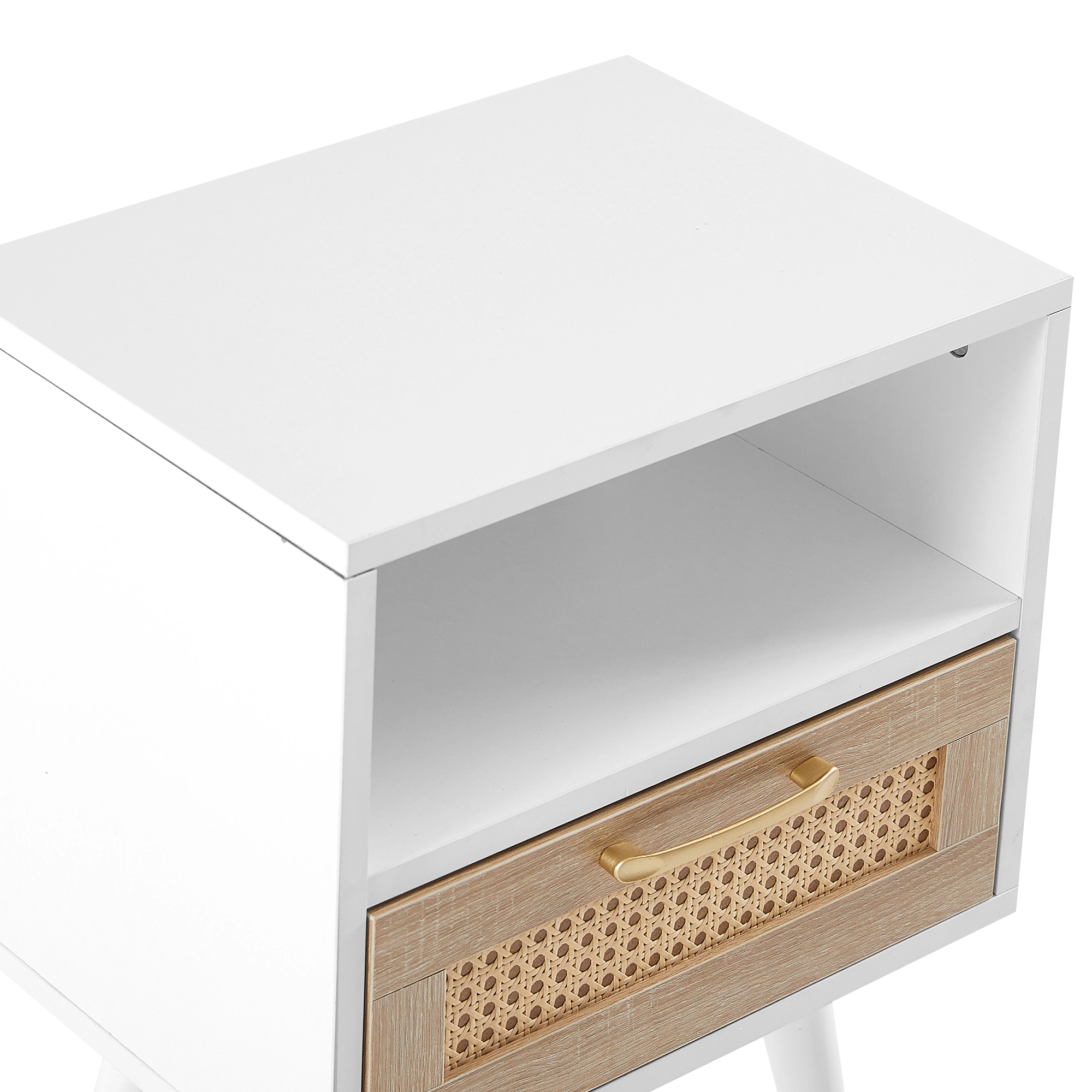 White Rattan End Table 15.75" with Drawer & Solid Wood Legs, Modern Nightstand Side Table for Living Room Bedroom view 15