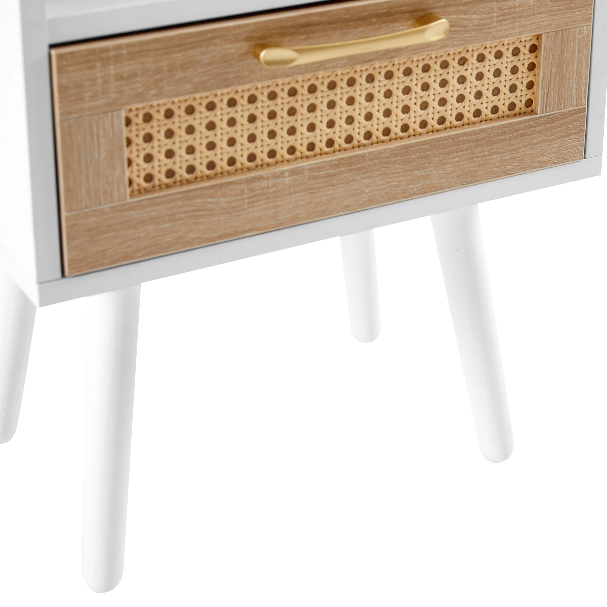 White Rattan End Table 15.75" with Drawer & Solid Wood Legs, Modern Nightstand Side Table for Living Room Bedroom view 16