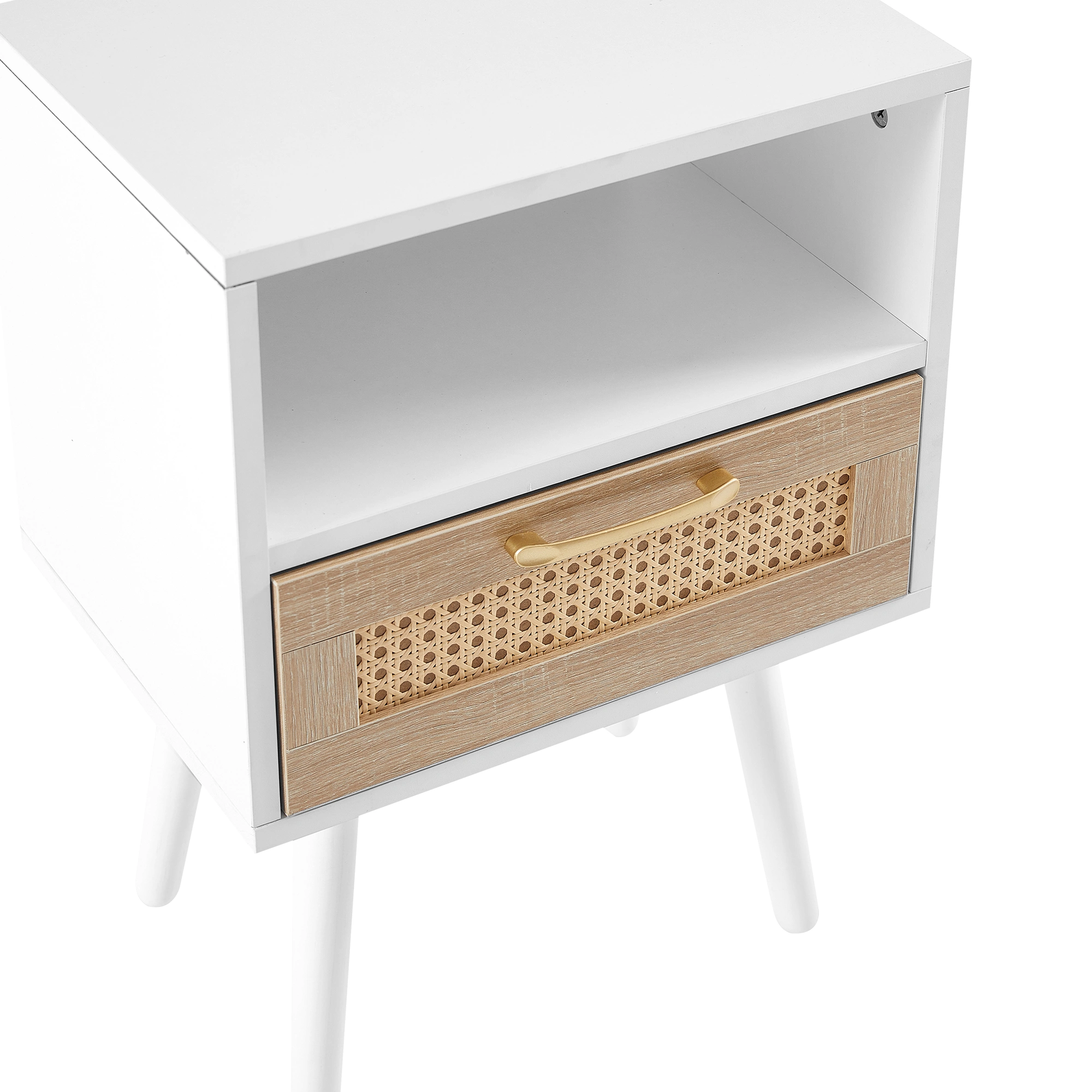 White Rattan End Table 15.75" with Drawer & Solid Wood Legs, Modern Nightstand Side Table for Living Room Bedroom view 17