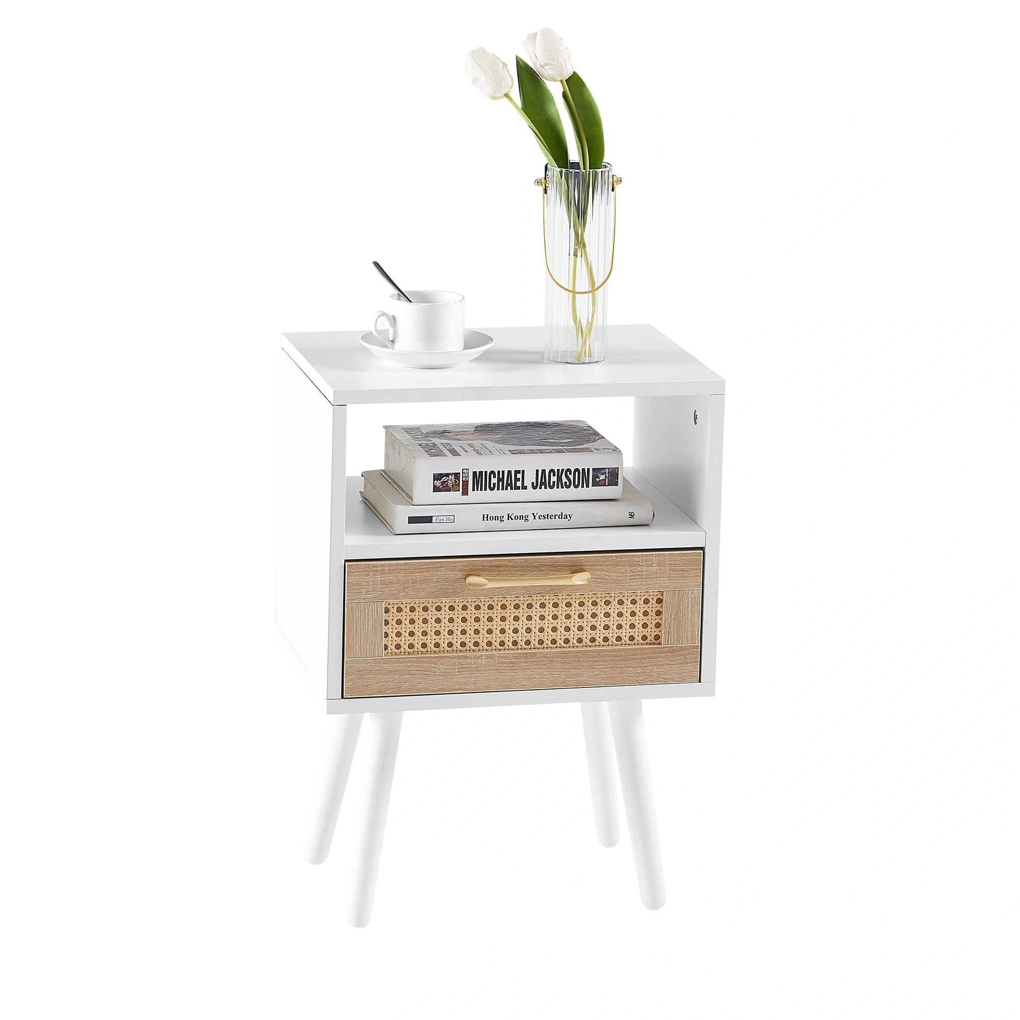 White Rattan End Table 15.75" with Drawer & Solid Wood Legs, Modern Nightstand Side Table for Living Room Bedroom view 5