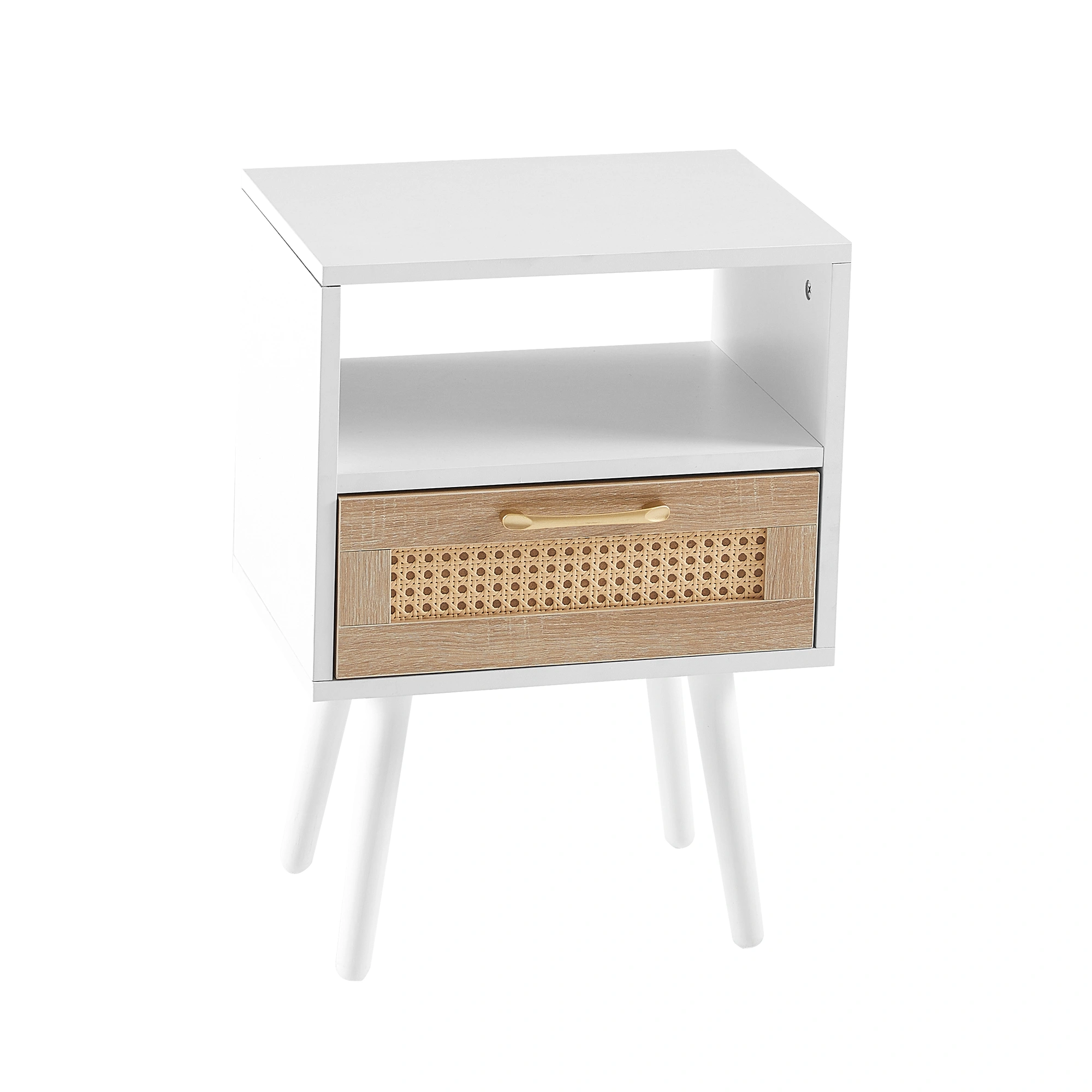 White Rattan End Table 15.75" with Drawer & Solid Wood Legs, Modern Nightstand Side Table for Living Room Bedroom view 9