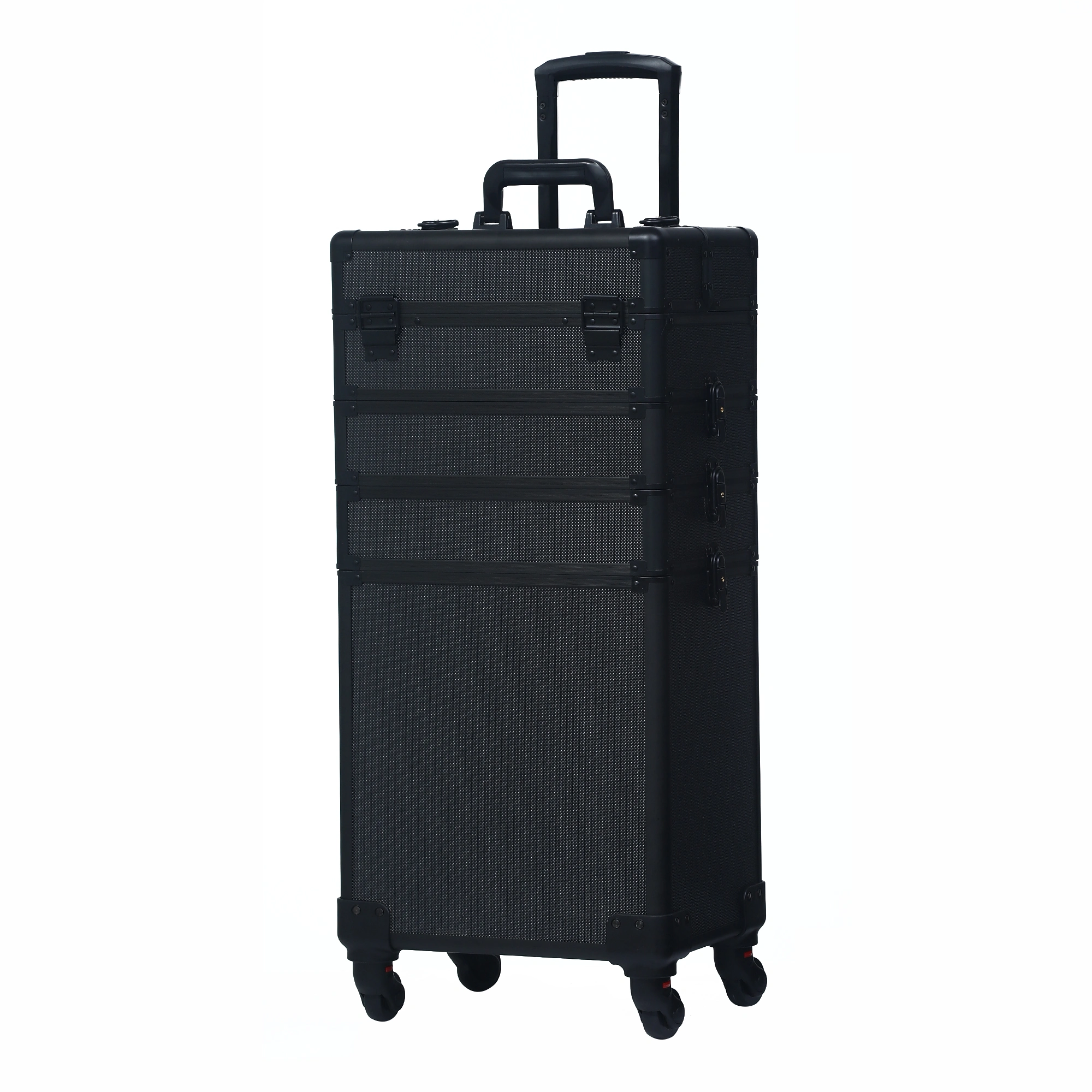 4-in-1 Aluminum Rolling Makeup Case, Draw-Bar Style Interchangeable Cosmetic Trolley, All Black