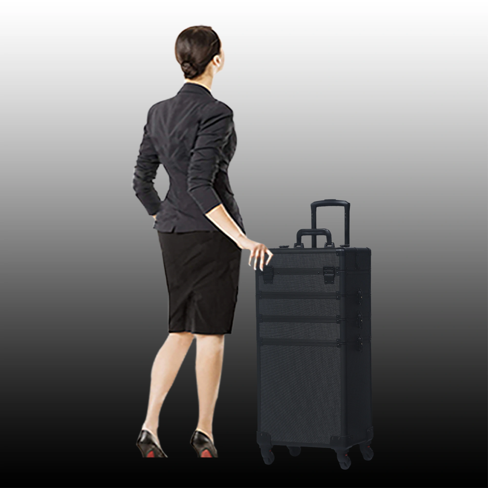 4-in-1 Aluminum Rolling Makeup Case, Draw-Bar Style Interchangeable Cosmetic Trolley, All Black view 3