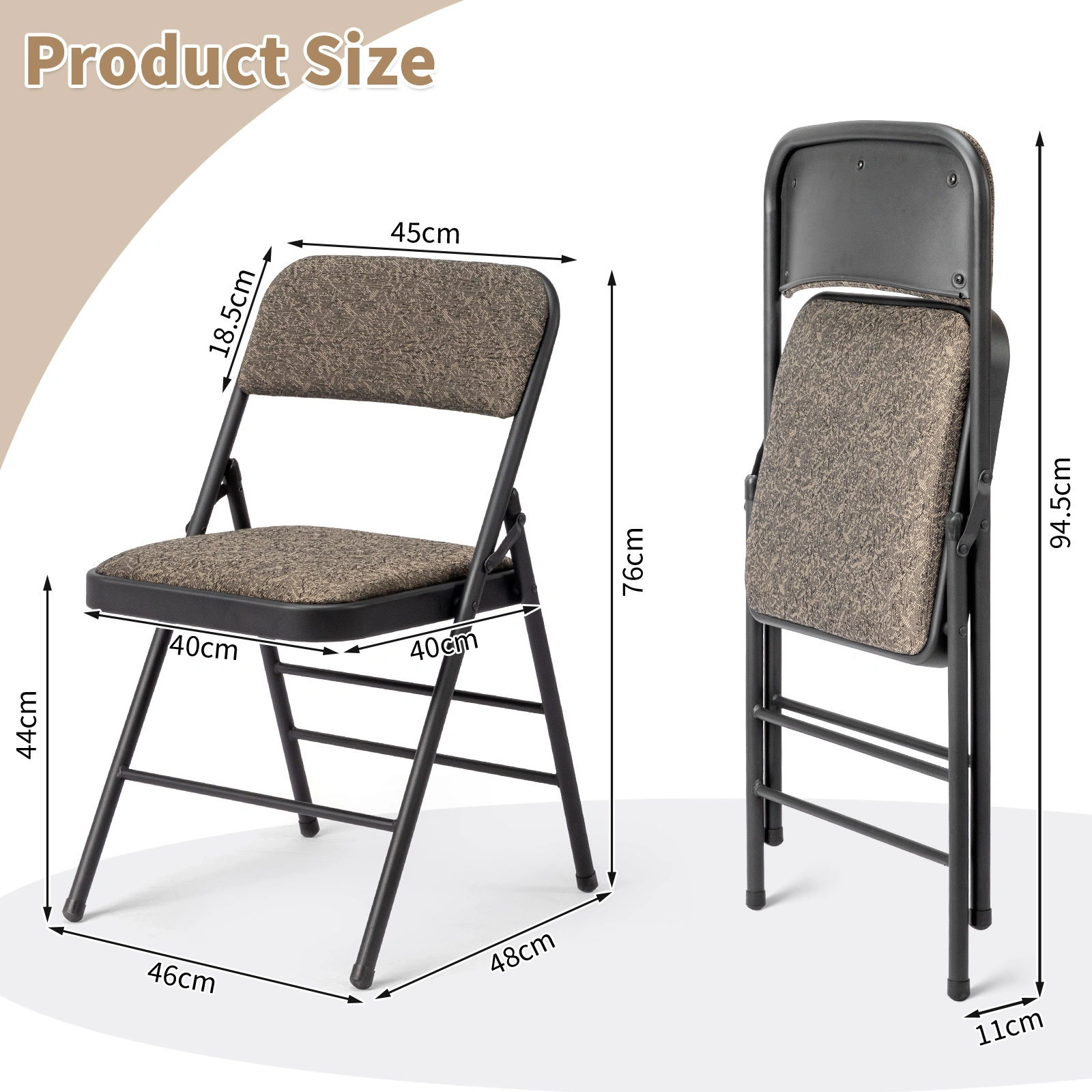 1 Pcs Folding Chair Black Patterned Fabric Upholstered Event Chair 18.1x18.9x29.9 Inch Padded Matte Steel Frame view 4