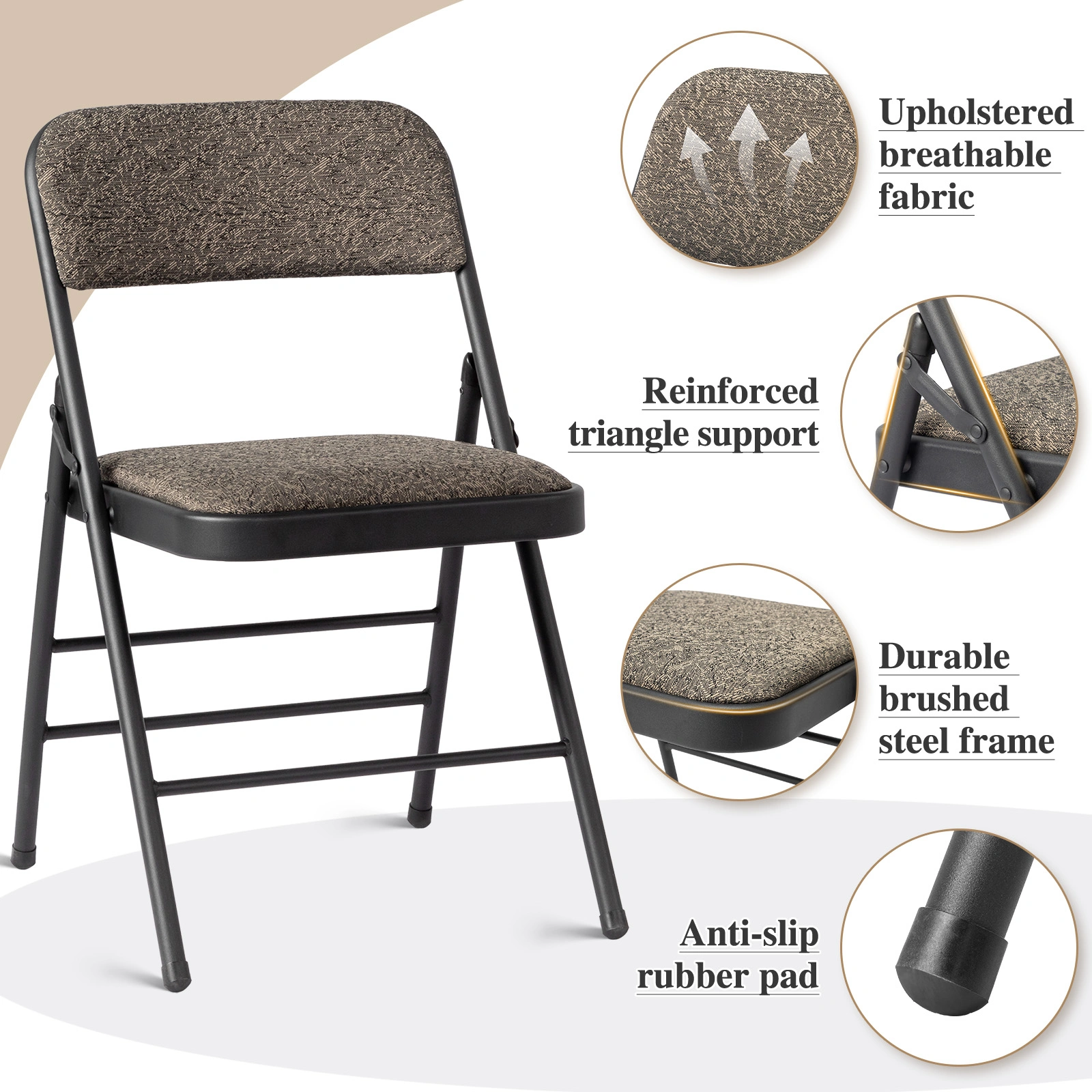 1 Pcs Folding Chair Black Patterned Fabric Upholstered Event Chair 18.1x18.9x29.9 Inch Padded Matte Steel Frame view 5