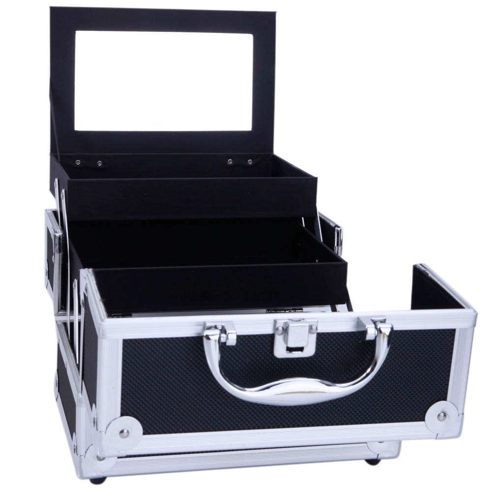 Portable Diamond Texture Aluminum Makeup Storage Bag with Mirror & Key Black view 14