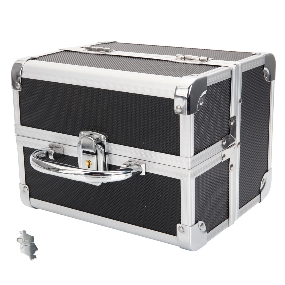 Portable Diamond Texture Aluminum Makeup Storage Bag with Mirror & Key Black view 18