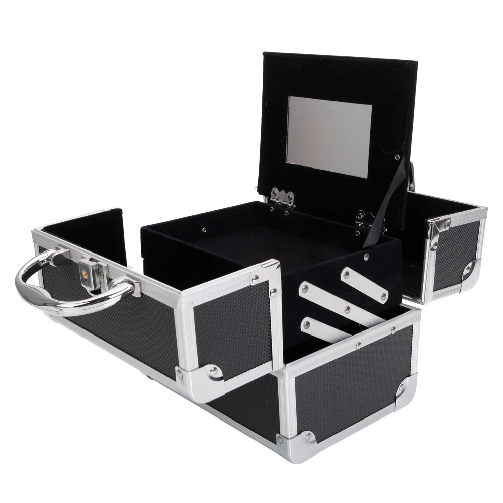 Portable Diamond Texture Aluminum Makeup Storage Bag with Mirror & Key Black view 24