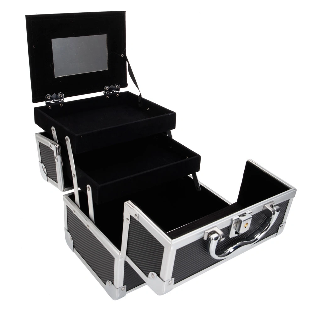 Portable Diamond Texture Aluminum Makeup Storage Bag with Mirror & Key Black view 25