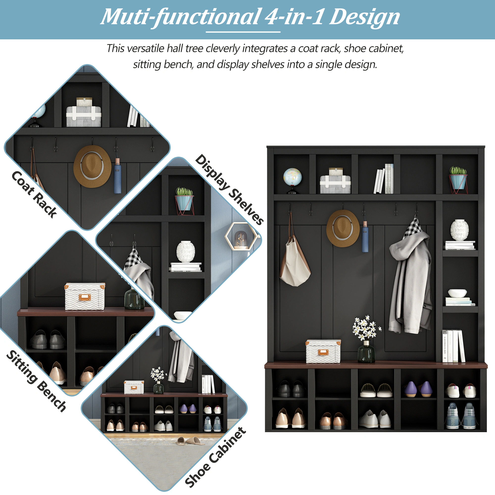 Farmhouse Hall Tree with 6 Hooks, Walnut Entryway Bench Adjustable Shelves, 4-in-1 Shoe Cabinet Cubbies for Mudroom Living Room, Black, 76.7"H view 10