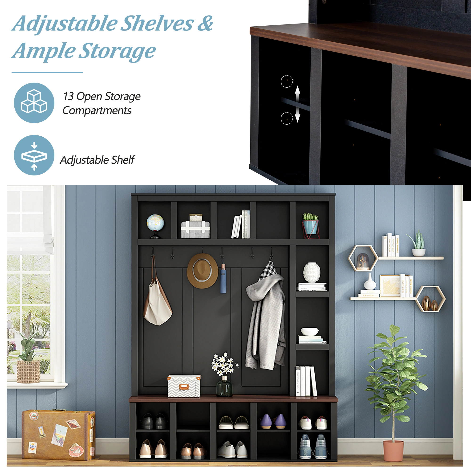 Farmhouse Hall Tree with 6 Hooks, Walnut Entryway Bench Adjustable Shelves, 4-in-1 Shoe Cabinet Cubbies for Mudroom Living Room, Black, 76.7"H view 11