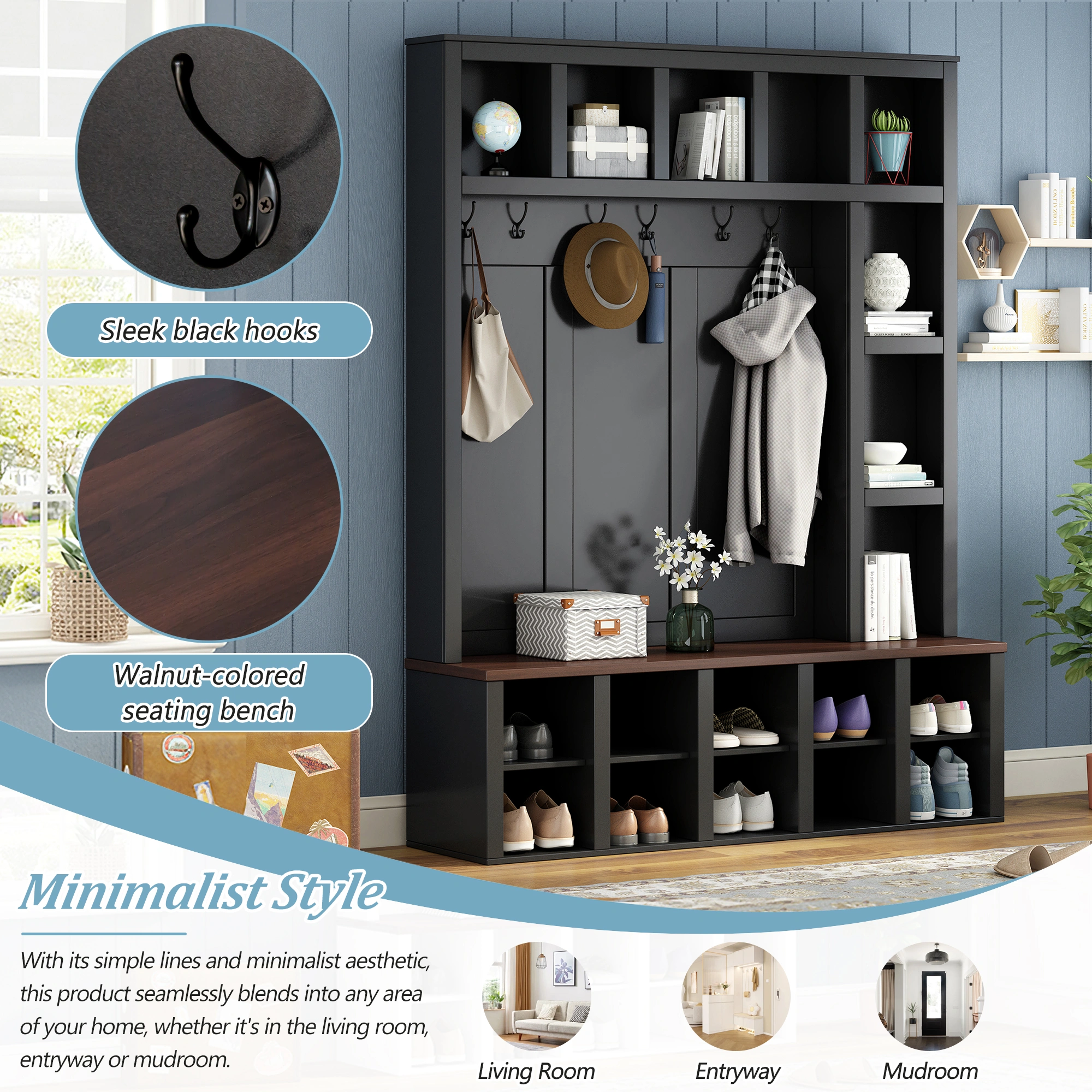Farmhouse Hall Tree with 6 Hooks, Walnut Entryway Bench Adjustable Shelves, 4-in-1 Shoe Cabinet Cubbies for Mudroom Living Room, Black, 76.7"H view 12