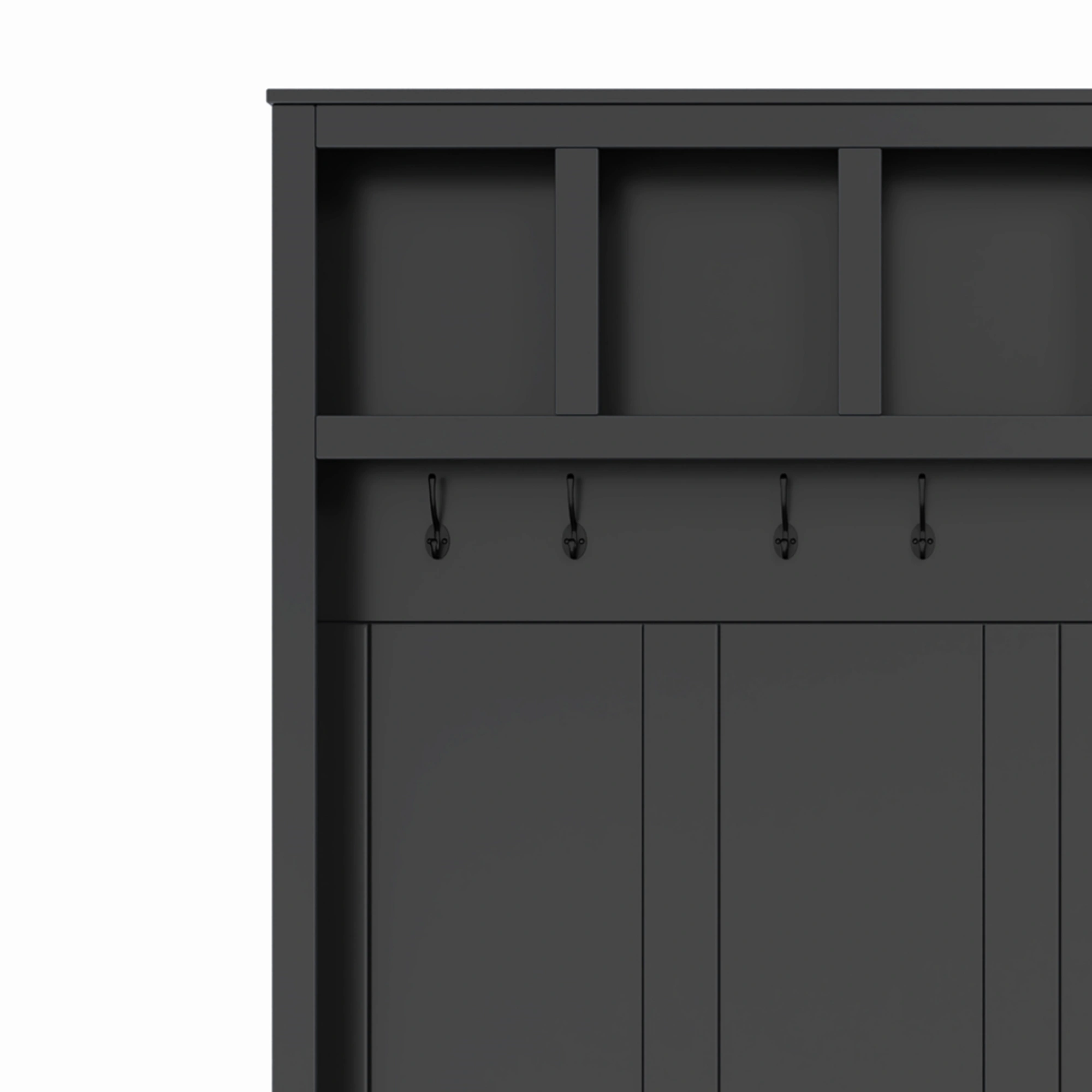 Farmhouse Hall Tree with 6 Hooks, Walnut Entryway Bench Adjustable Shelves, 4-in-1 Shoe Cabinet Cubbies for Mudroom Living Room, Black, 76.7"H view 2