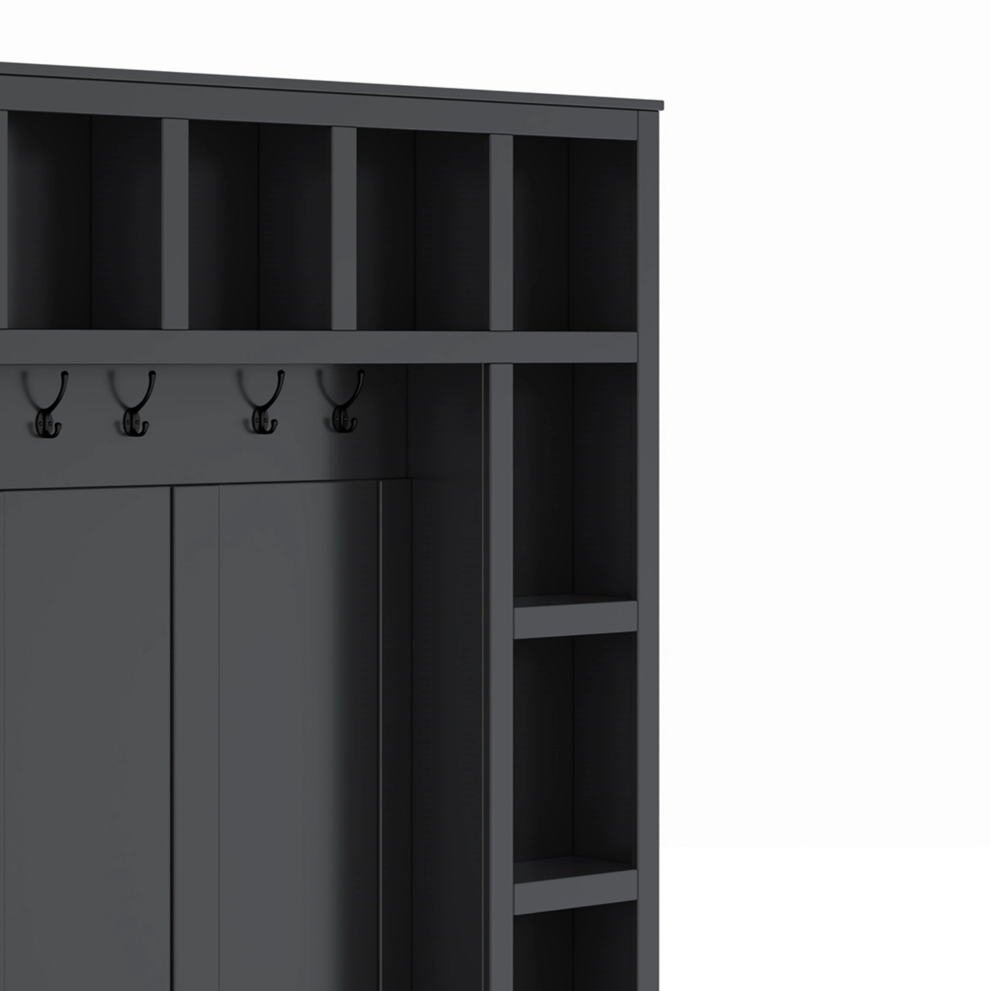 Farmhouse Hall Tree with 6 Hooks, Walnut Entryway Bench Adjustable Shelves, 4-in-1 Shoe Cabinet Cubbies for Mudroom Living Room, Black, 76.7"H view 3