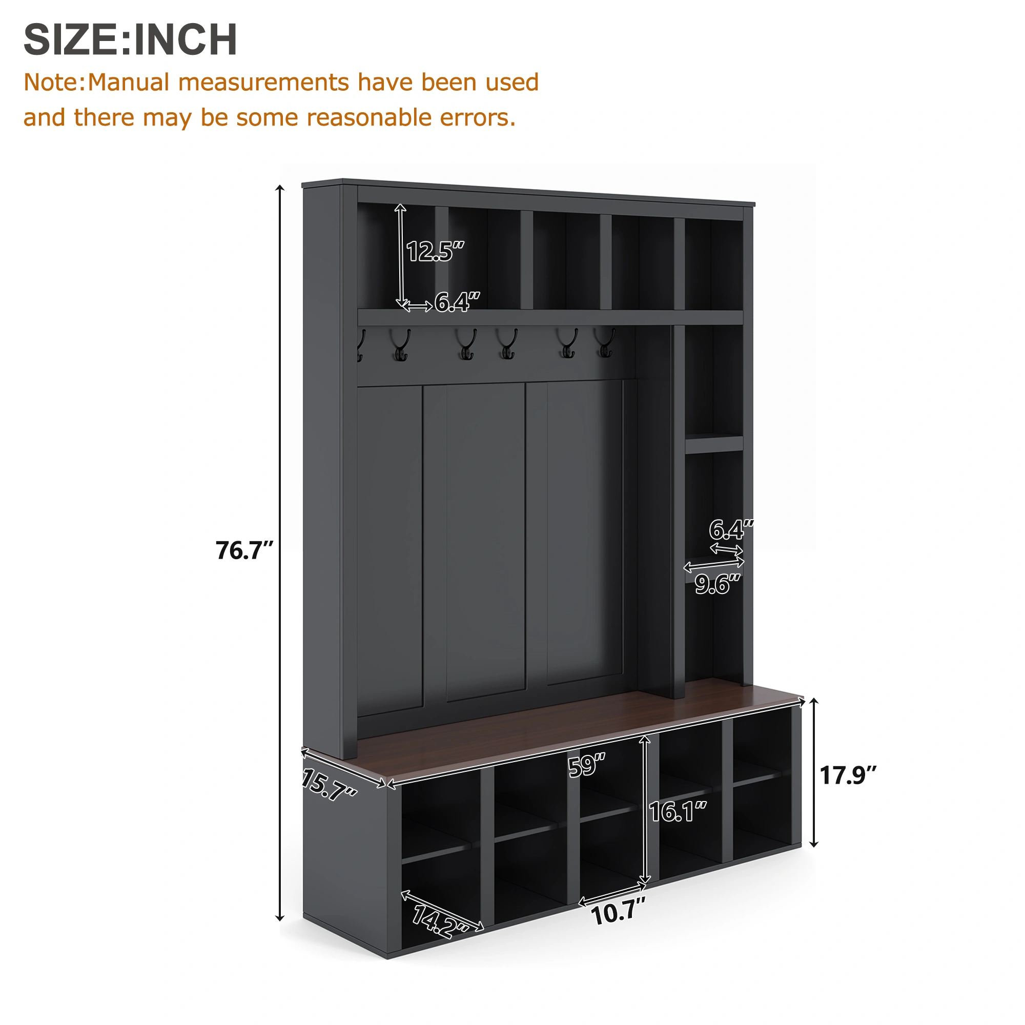 Farmhouse Hall Tree with 6 Hooks, Walnut Entryway Bench Adjustable Shelves, 4-in-1 Shoe Cabinet Cubbies for Mudroom Living Room, Black, 76.7"H view 4