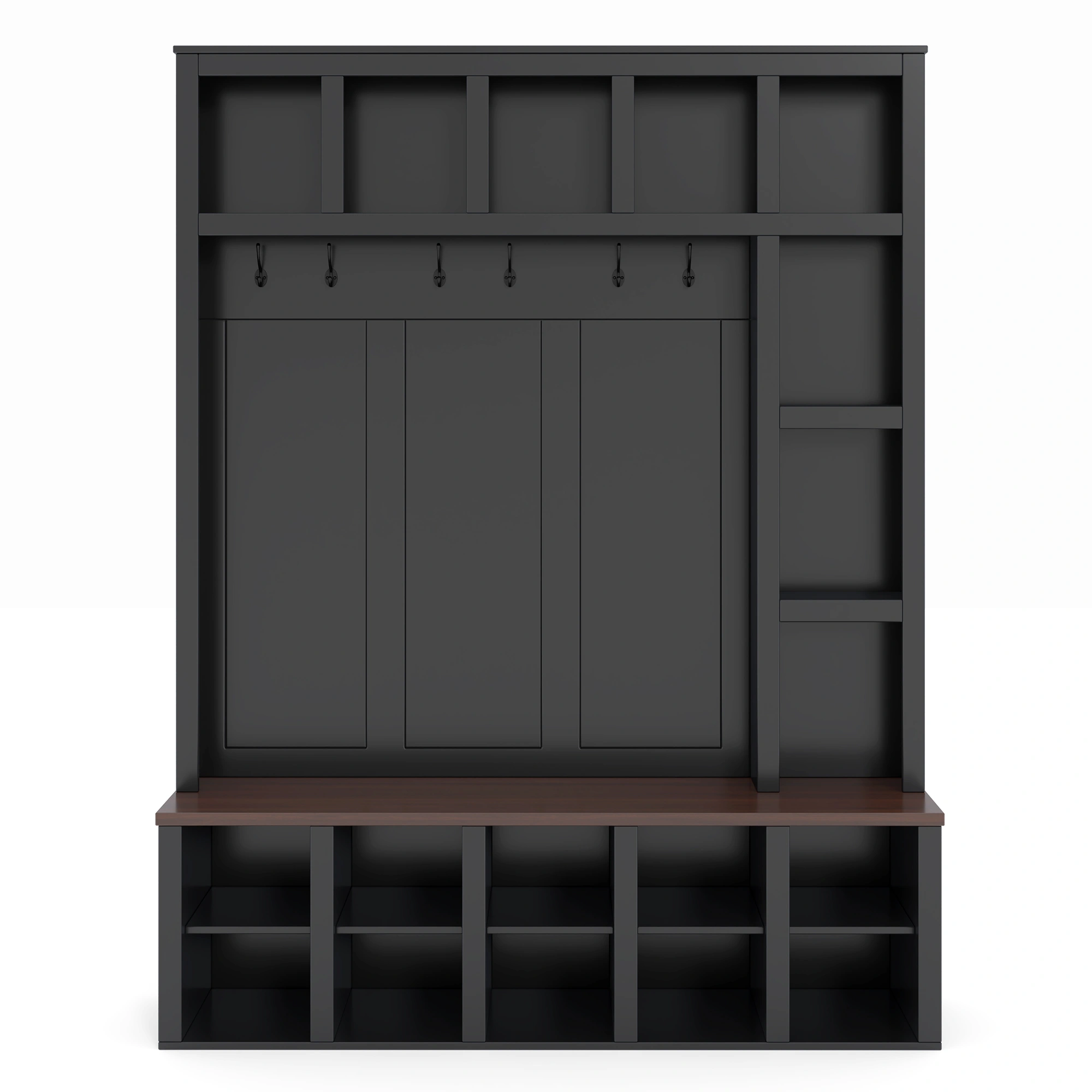 Farmhouse Hall Tree with 6 Hooks, Walnut Entryway Bench Adjustable Shelves, 4-in-1 Shoe Cabinet Cubbies for Mudroom Living Room, Black, 76.7"H view 5