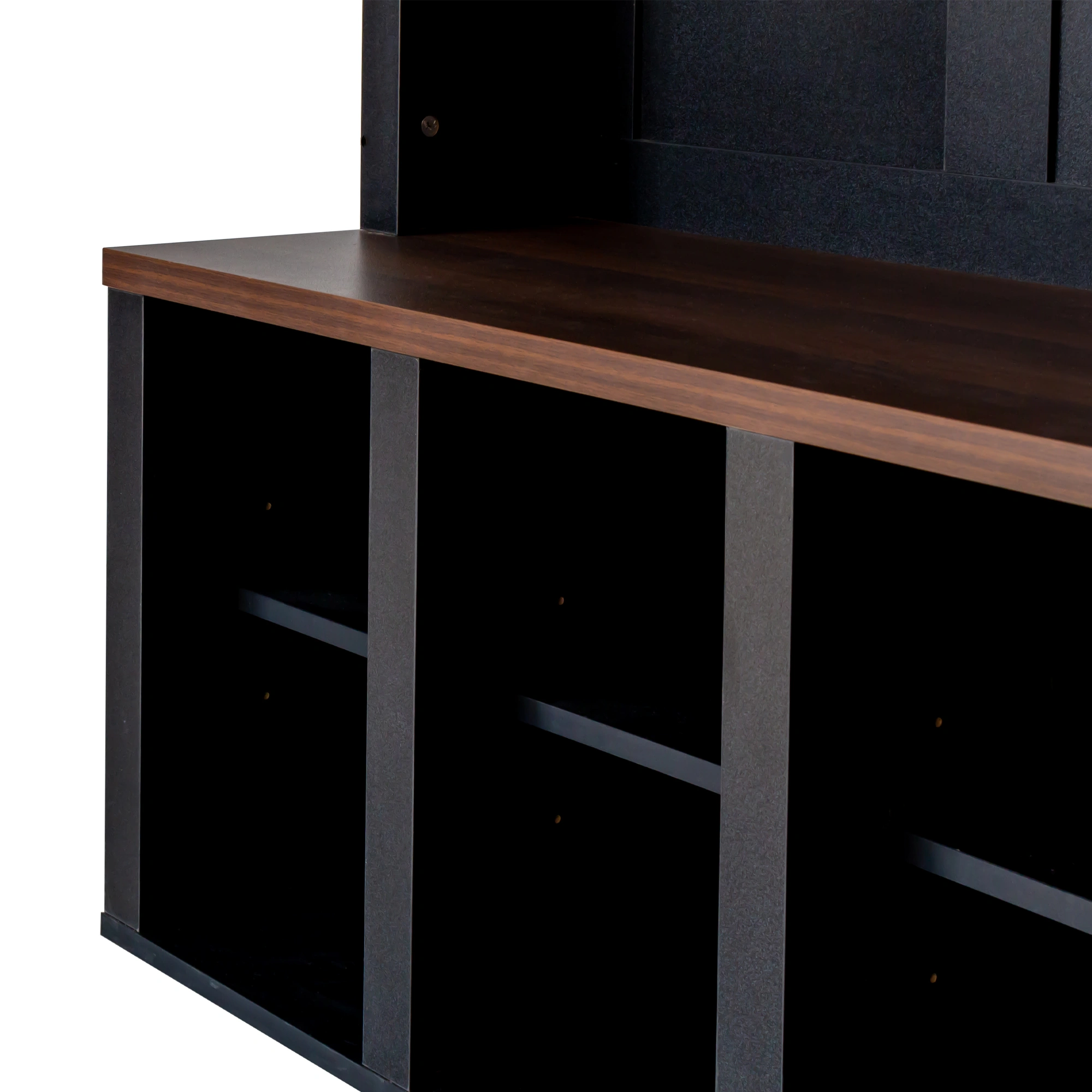 Farmhouse Hall Tree with 6 Hooks, Walnut Entryway Bench Adjustable Shelves, 4-in-1 Shoe Cabinet Cubbies for Mudroom Living Room, Black, 76.7"H view 7