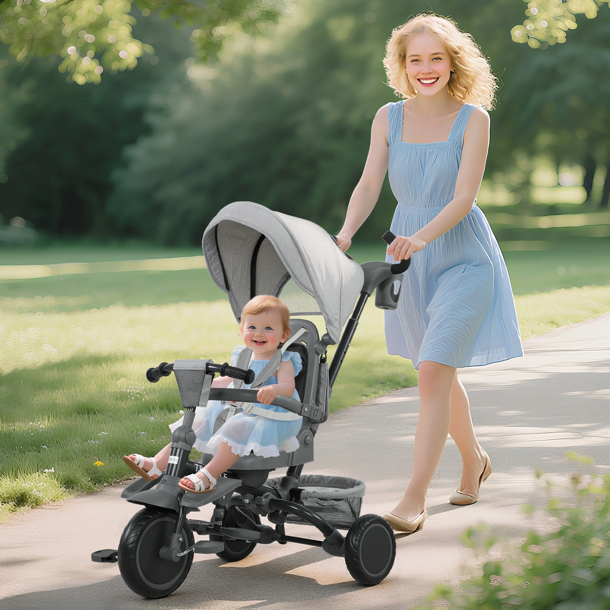 6-in-1 Kids Tricycle Adjustable Push Handle Reversible Seat Toddler Bike for Ages 1-5 Gray