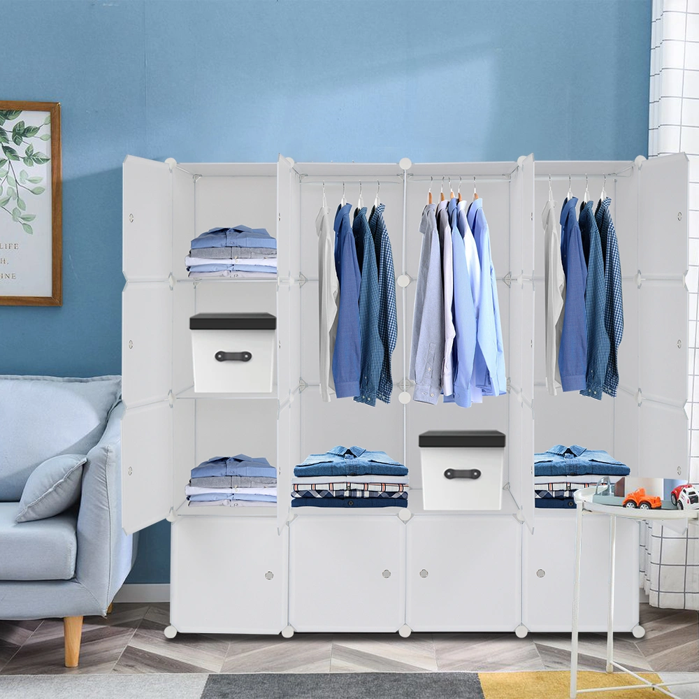 4-layer 16 Cube Organizer Stackable Plastic Cube Storage, Plastic + Steel Wire with 3 Clothes Rails, Free to Assemble, White view 10