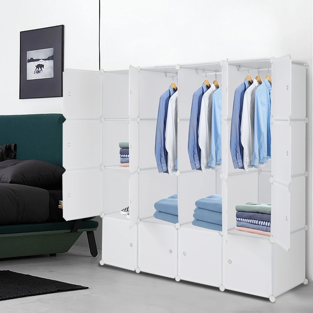 4-layer 16 Cube Organizer Stackable Plastic Cube Storage, Plastic + Steel Wire with 3 Clothes Rails, Free to Assemble, White view 11