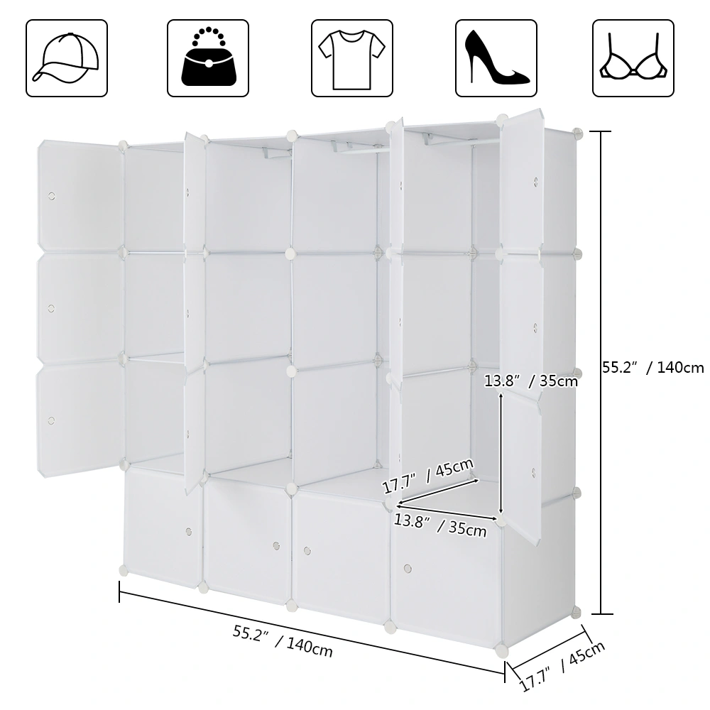 4-layer 16 Cube Organizer Stackable Plastic Cube Storage, Plastic + Steel Wire with 3 Clothes Rails, Free to Assemble, White view 12