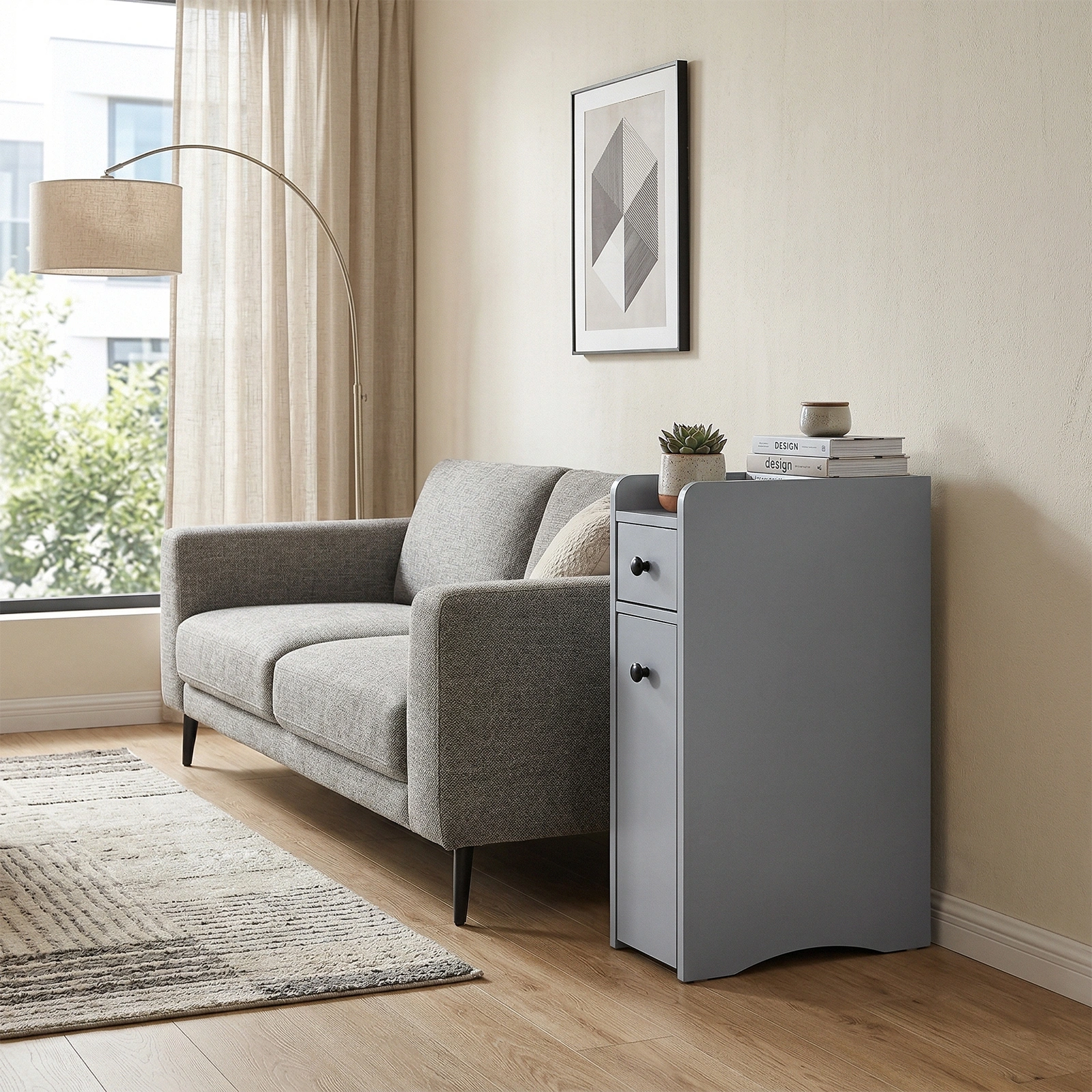 Gray particleboard with melamine veneer, 18*40*70cm, two-drawer, one-panel low cabinet with wheels and movable pull-out shelf, bathroom vanity view 10