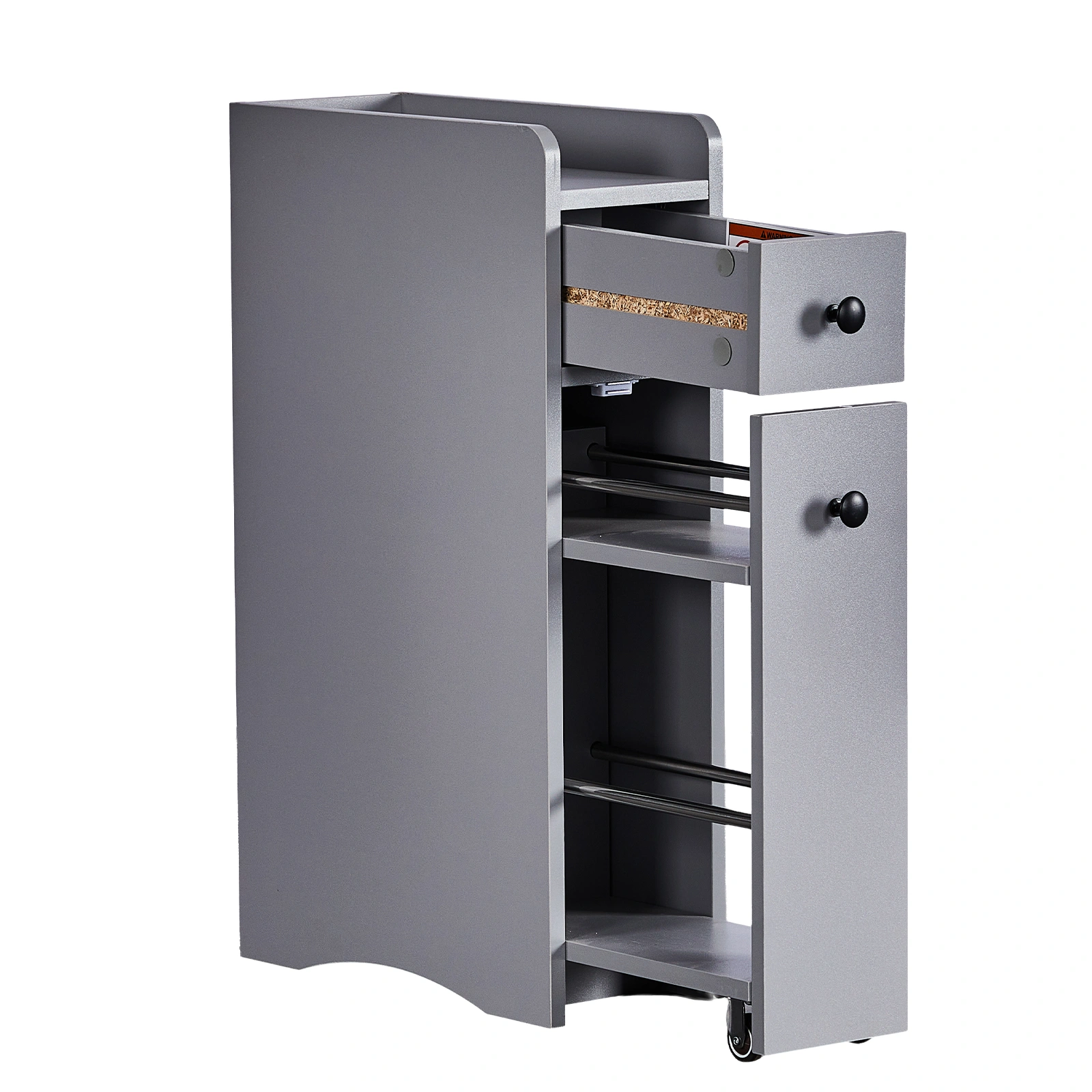 Gray particleboard with melamine veneer, 18*40*70cm, two-drawer, one-panel low cabinet with wheels and movable pull-out shelf, bathroom vanity view 7