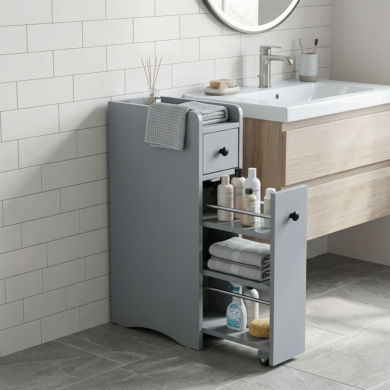 Gray particleboard with melamine veneer, 18*40*70cm, two-drawer, one-panel low cabinet with wheels and movable pull-out shelf, bathroom vanity view 9
