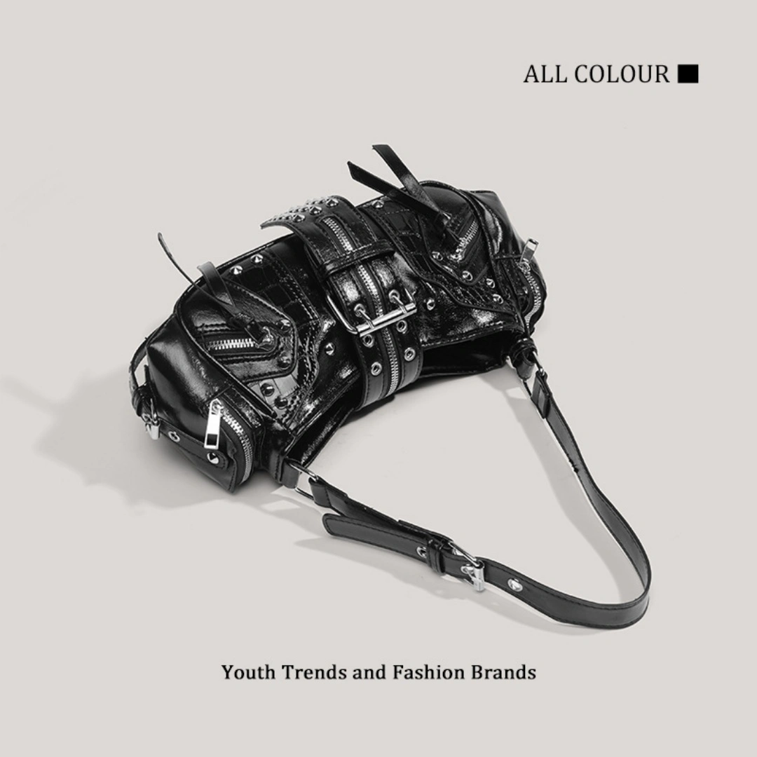 Retro motorcycle style cylindrical crossbody bag, shiny leather multi zipper rivet handbag, millennium Gothic street style daily party mini shoulder bag view 2