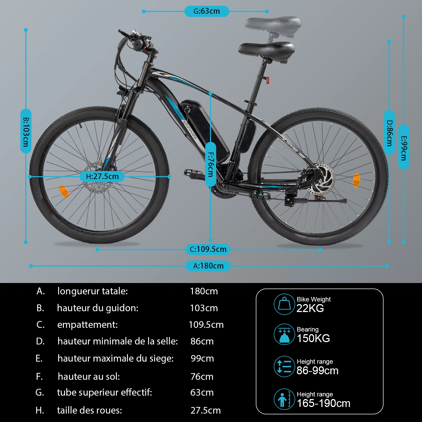 Adult Electric Mountain Bike 27.5" City E-Bike 36V 13Ah Removable Battery 7 Speed Blue Black view 3