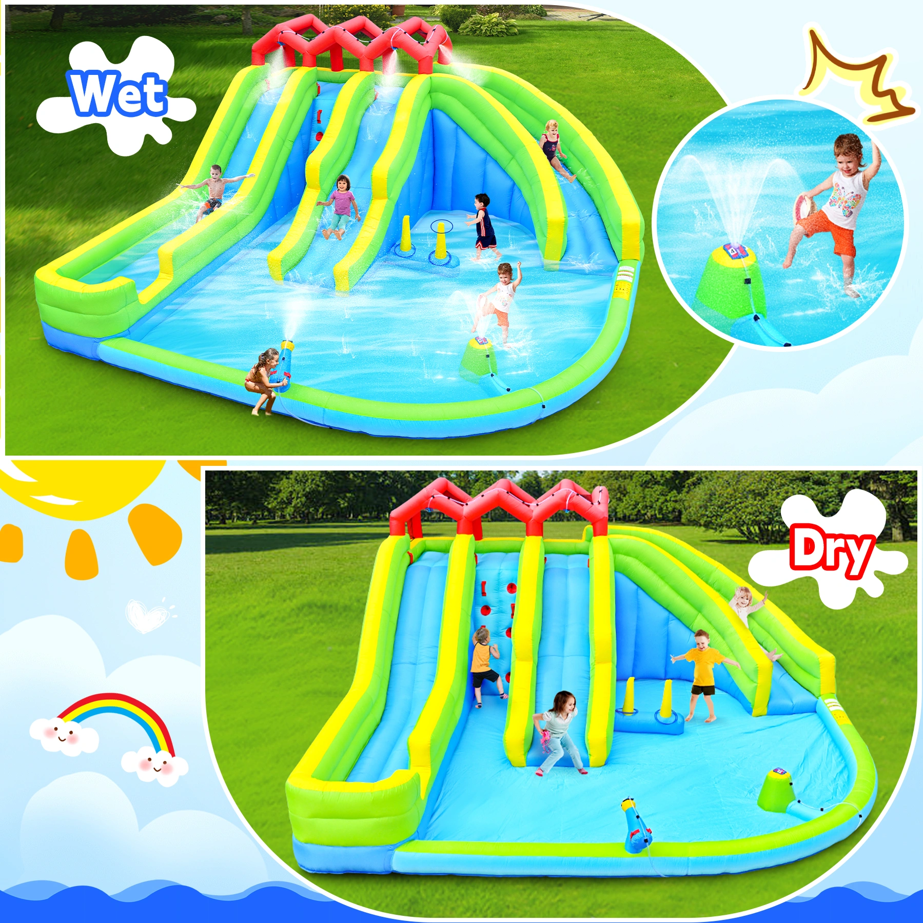 7-in-1 Inflatable Water Park with 3 Slides, Blower, Water Gun, Sprinkler & Fountain view 8