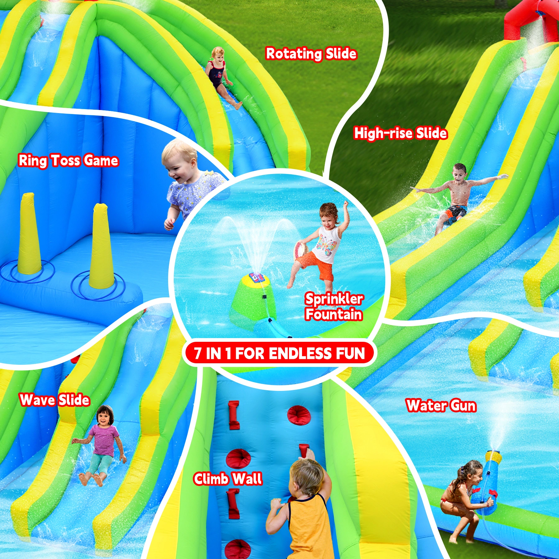 7-in-1 Inflatable Water Park with 3 Slides, Blower, Water Gun, Sprinkler & Fountain view 9