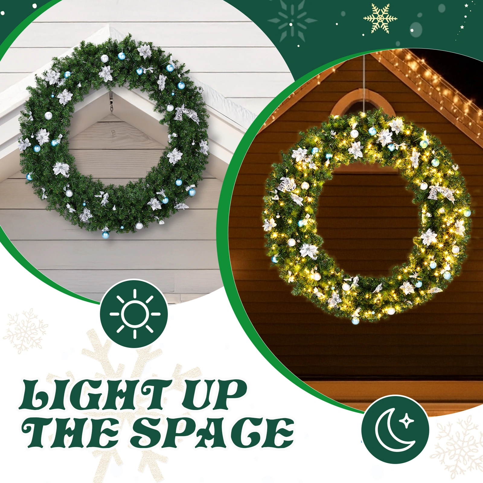 60in Pre-lit Christmas Wreath, Lighted Artificial Xmas Wreath with 220 Cold & Warm White Lights and 600 PVC Tips and DIY Ornaments, for Front Door Gate Wall Xmas Party Decorations, Light Green view 2