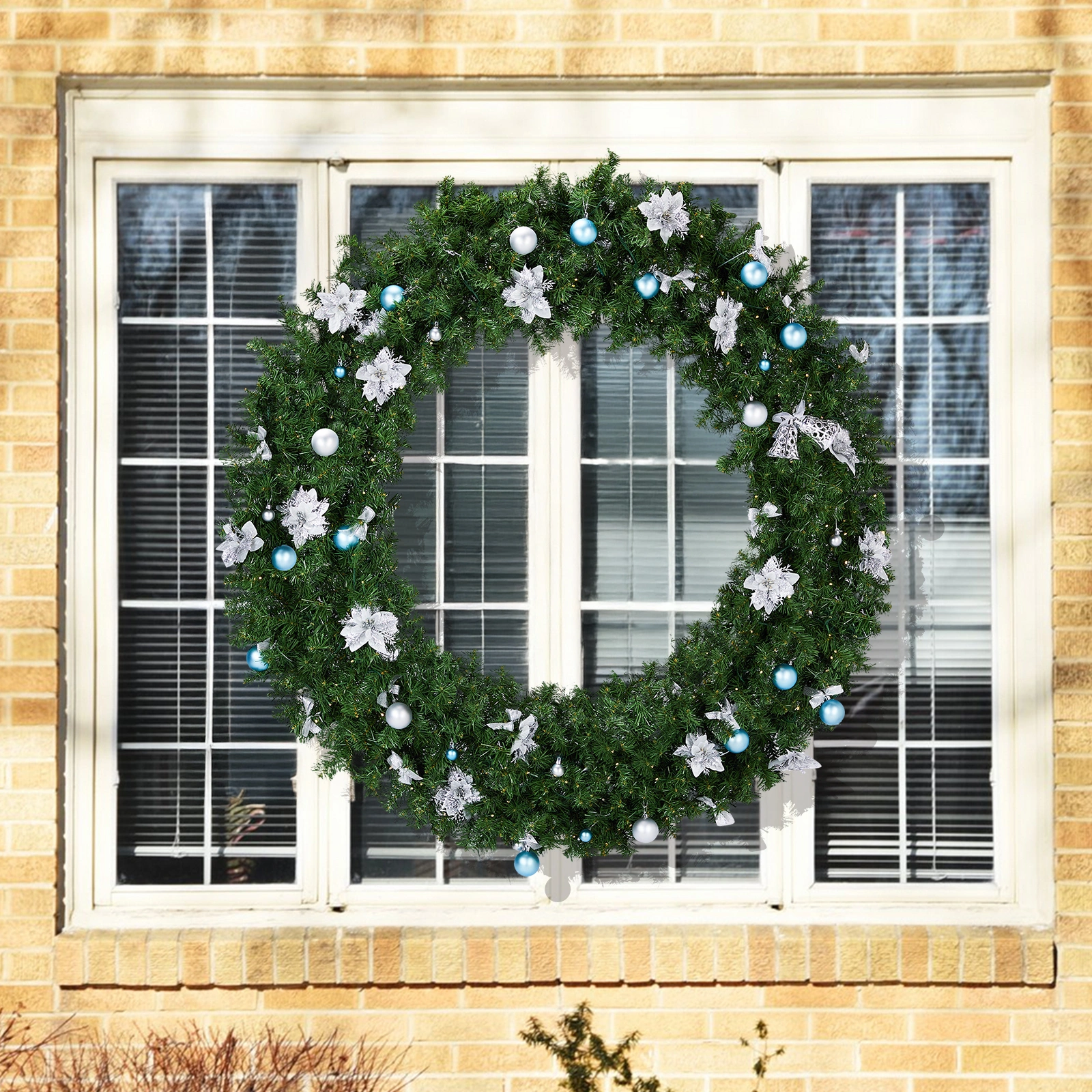 60in Pre-lit Christmas Wreath, Lighted Artificial Xmas Wreath with 220 Cold & Warm White Lights and 600 PVC Tips and DIY Ornaments, for Front Door Gate Wall Xmas Party Decorations, Light Green view 4