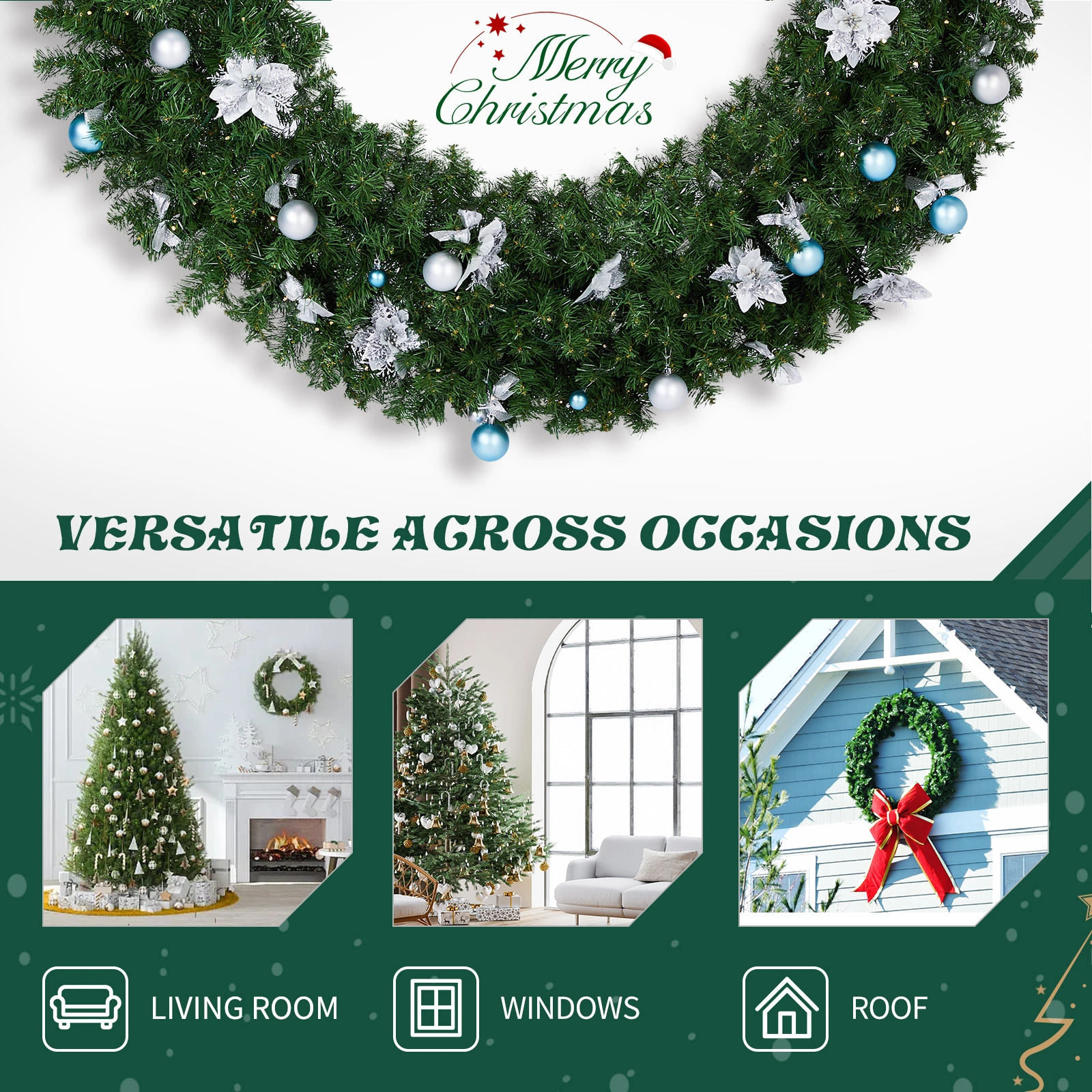 60in Pre-lit Christmas Wreath, Lighted Artificial Xmas Wreath with 220 Cold & Warm White Lights and 600 PVC Tips and DIY Ornaments, for Front Door Gate Wall Xmas Party Decorations, Light Green view 5