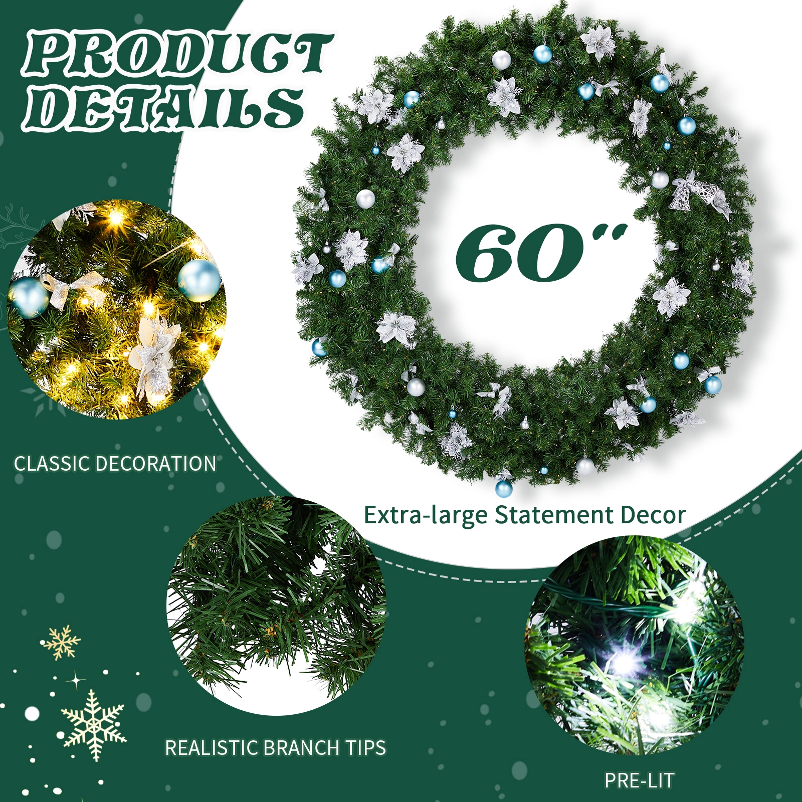 60in Pre-lit Christmas Wreath, Lighted Artificial Xmas Wreath with 220 Cold & Warm White Lights and 600 PVC Tips and DIY Ornaments, for Front Door Gate Wall Xmas Party Decorations, Light Green view 6