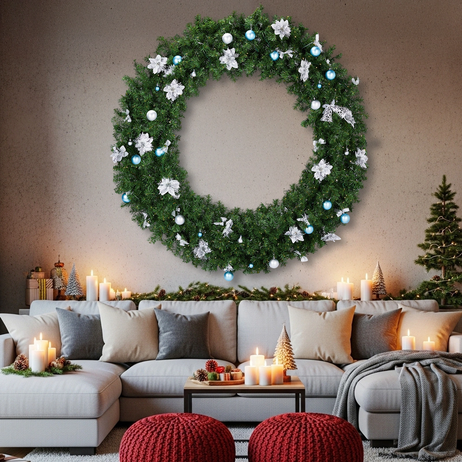 60in Pre-lit Christmas Wreath, Lighted Artificial Xmas Wreath with 220 Cold & Warm White Lights and 600 PVC Tips and DIY Ornaments, for Front Door Gate Wall Xmas Party Decorations, Light Green view 7