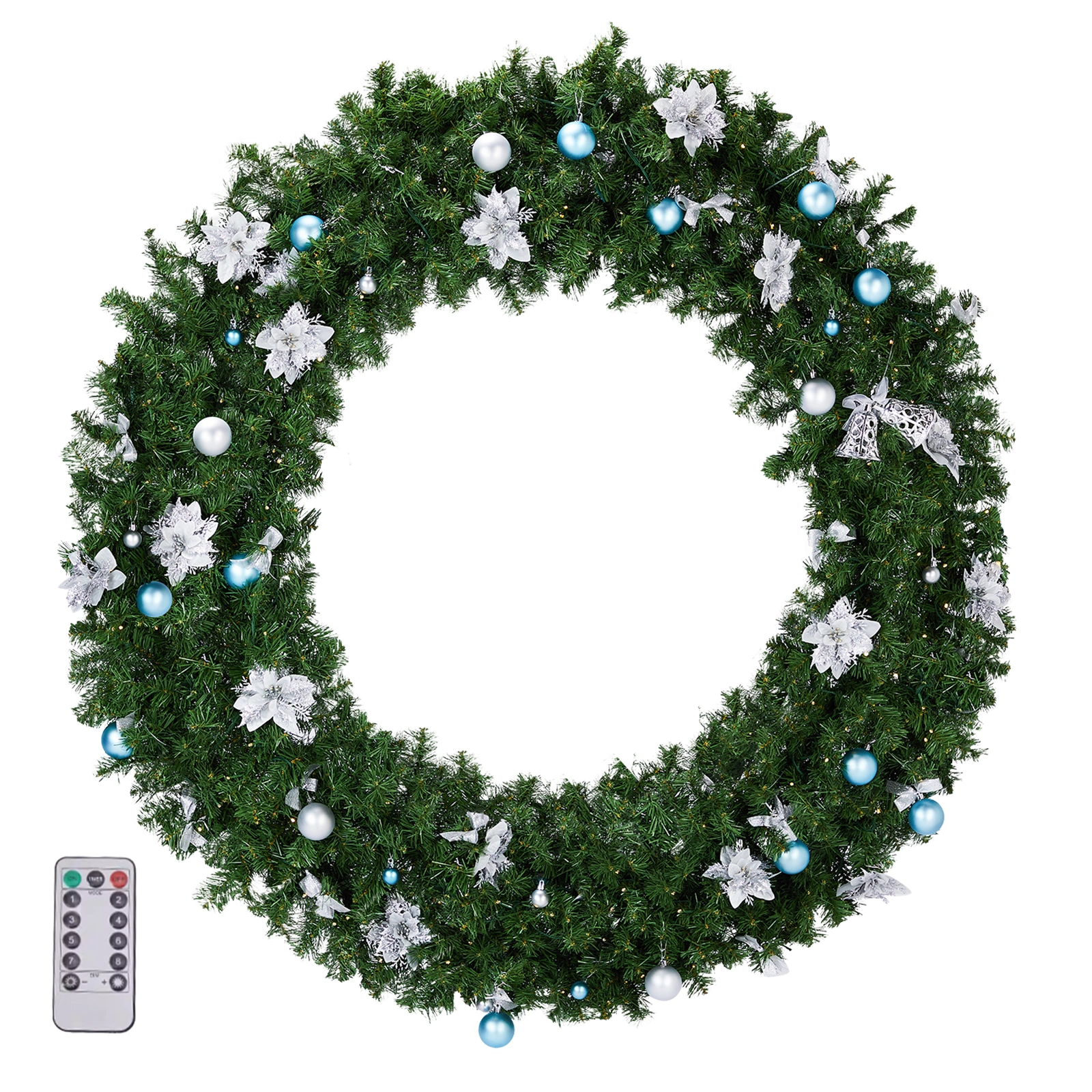 60in Pre-lit Christmas Wreath, Lighted Artificial Xmas Wreath with 220 Cold & Warm White Lights and 600 PVC Tips and DIY Ornaments, for Front Door Gate Wall Xmas Party Decorations, Light Green view 8