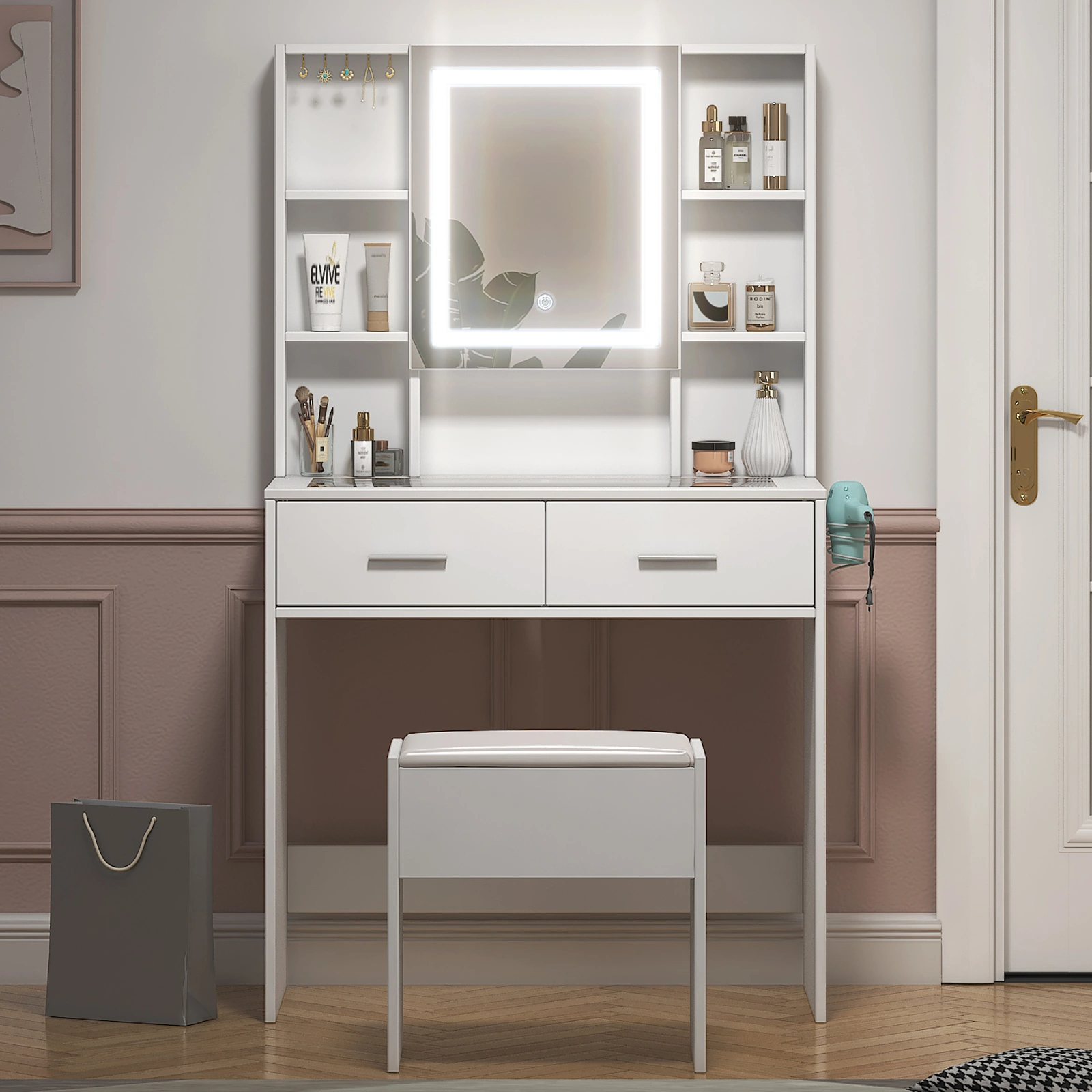 White Dressing Table Set with LED Three-Color Dimming Touch Mirror, 2 Drawers, 4 Shelves, Hair Dryer Holder, Power Strip, Glass Top