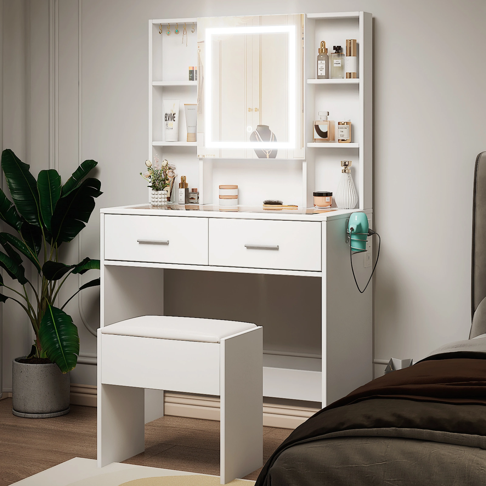 White Dressing Table Set with LED Three-Color Dimming Touch Mirror, 2 Drawers, 4 Shelves, Hair Dryer Holder, Power Strip, Glass Top view 10