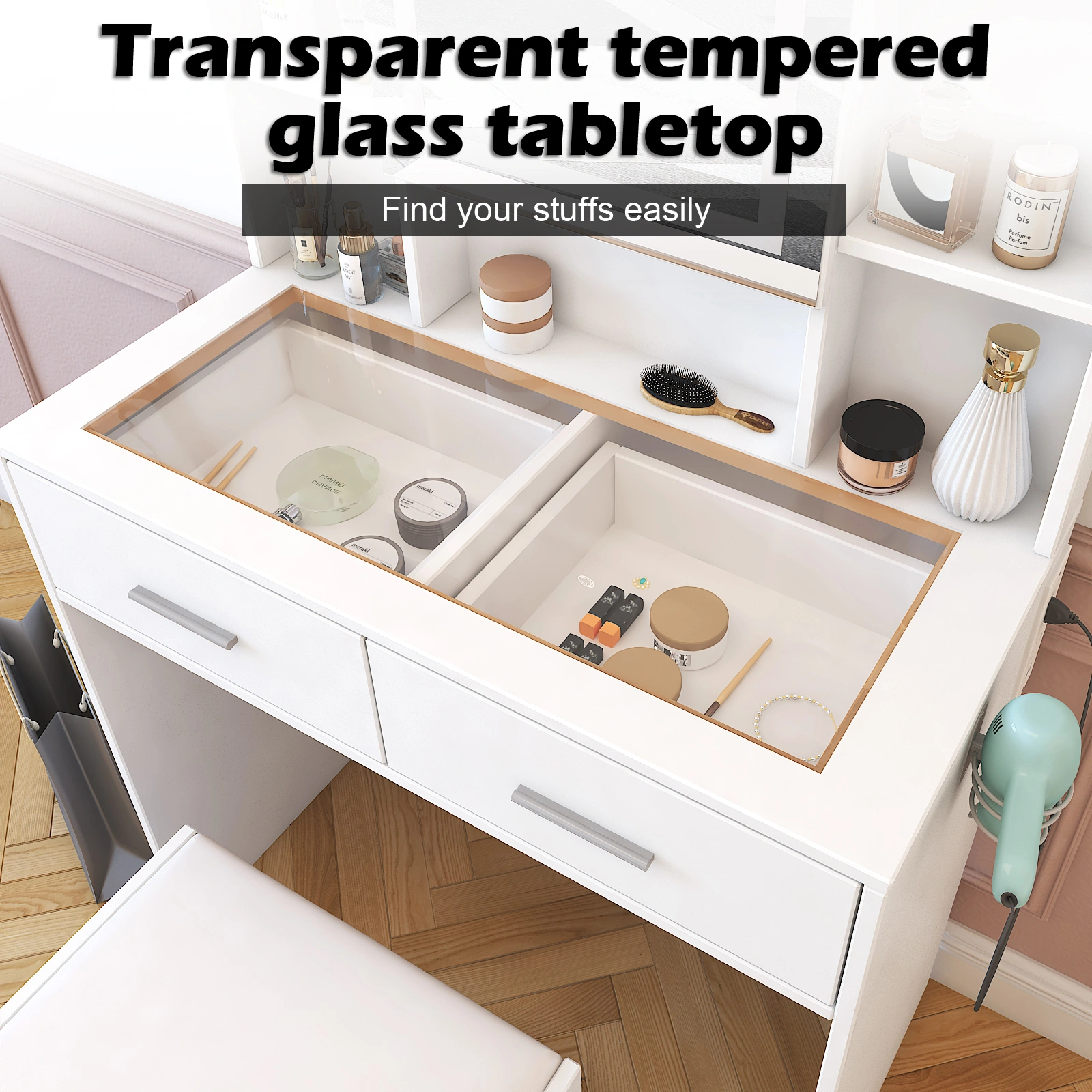 White Dressing Table Set with LED Three-Color Dimming Touch Mirror, 2 Drawers, 4 Shelves, Hair Dryer Holder, Power Strip, Glass Top view 11