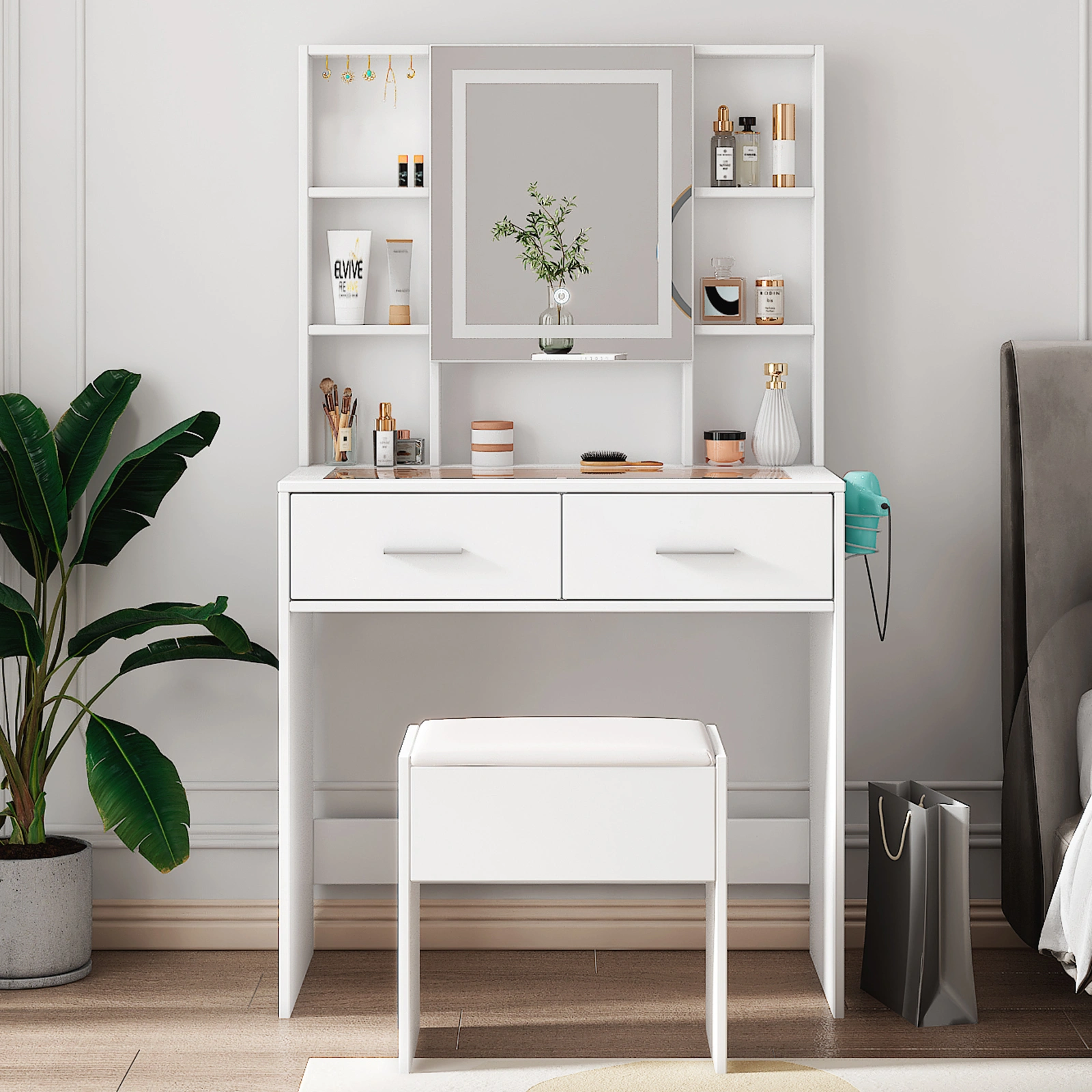 White Dressing Table Set with LED Three-Color Dimming Touch Mirror, 2 Drawers, 4 Shelves, Hair Dryer Holder, Power Strip, Glass Top view 12