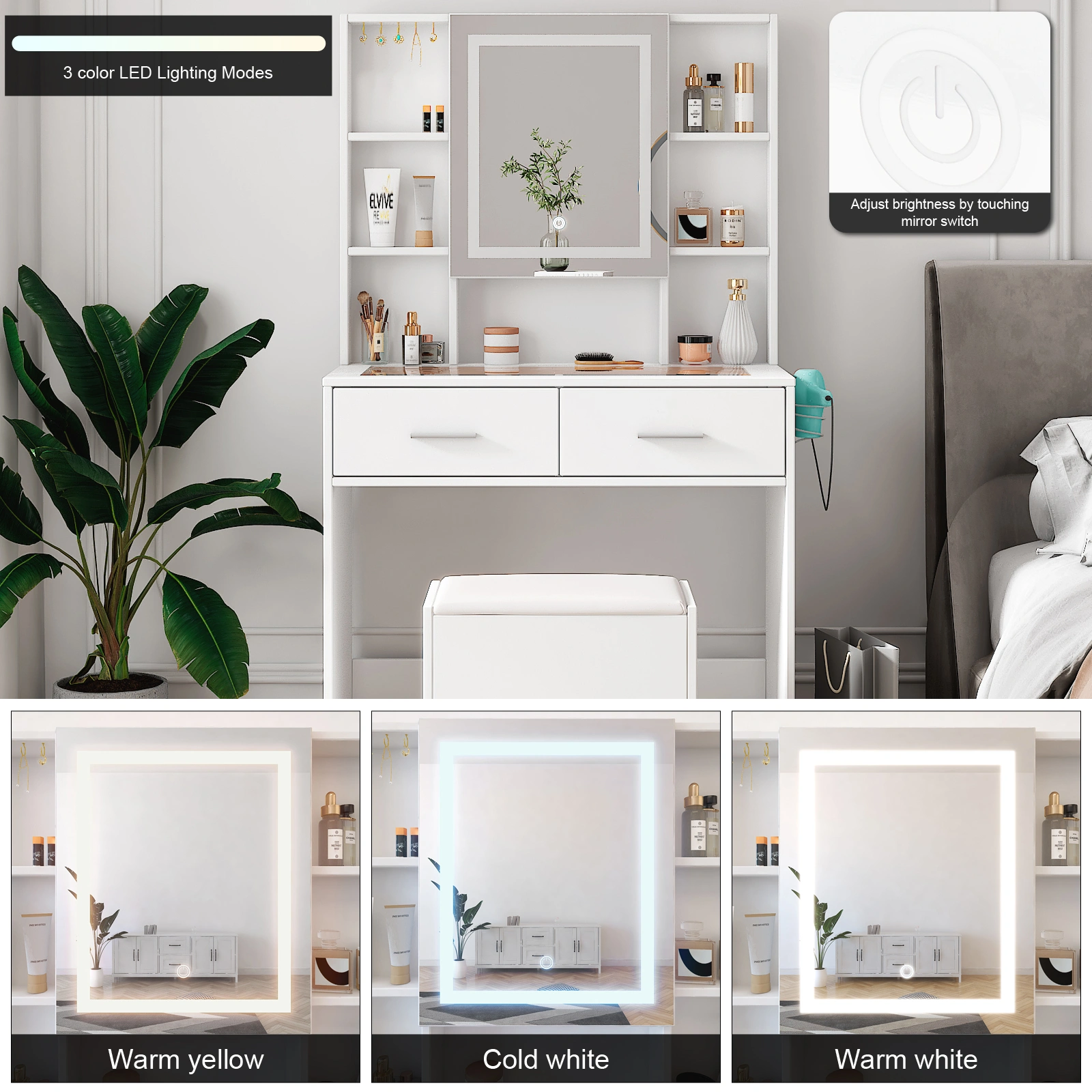 White Dressing Table Set with LED Three-Color Dimming Touch Mirror, 2 Drawers, 4 Shelves, Hair Dryer Holder, Power Strip, Glass Top view 14